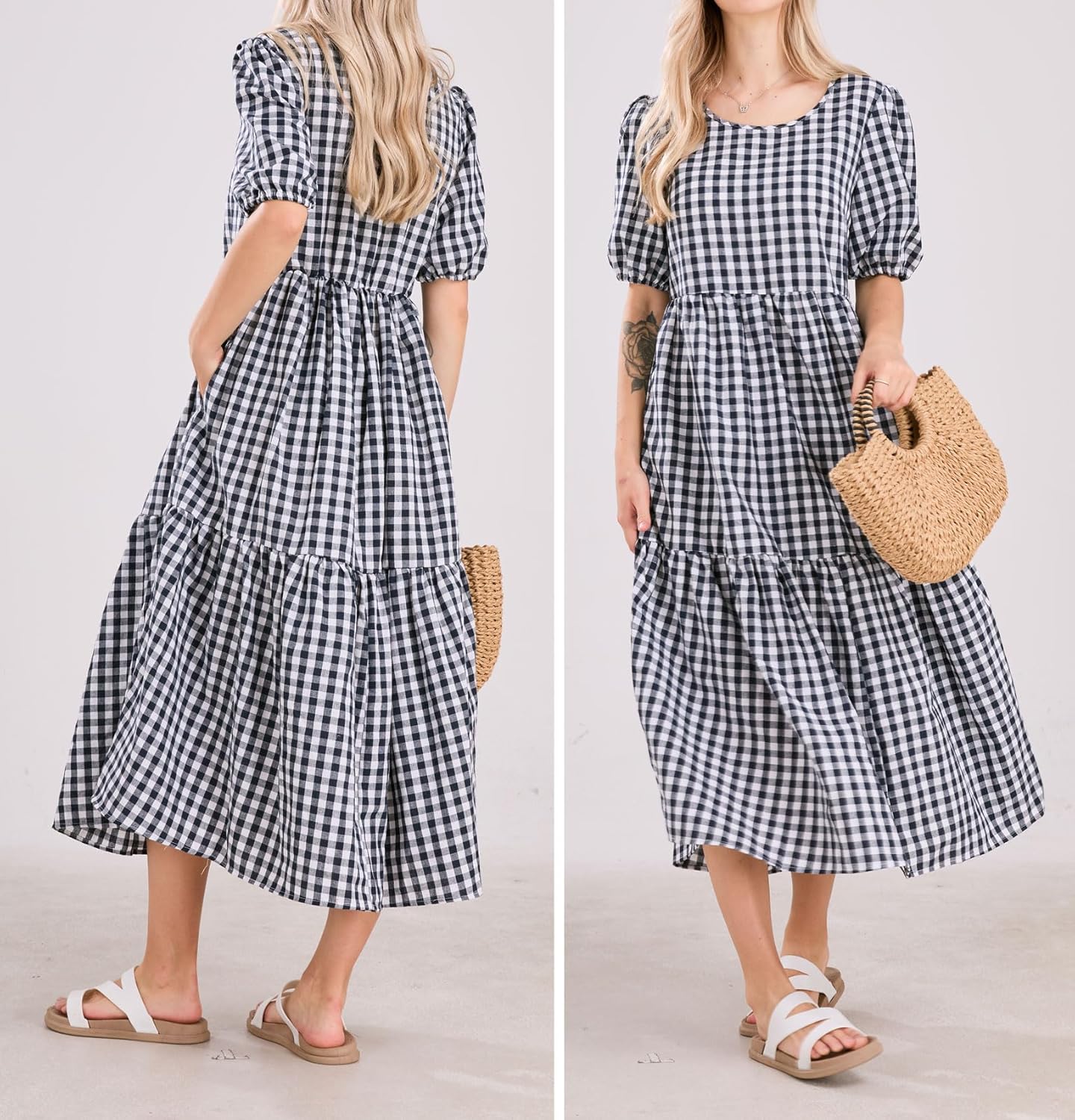 chouyatou Women's Retro Lantern Puff Sleeve Plaid Dress Gingham Swing Tiered Midi Long Dress - Image 4