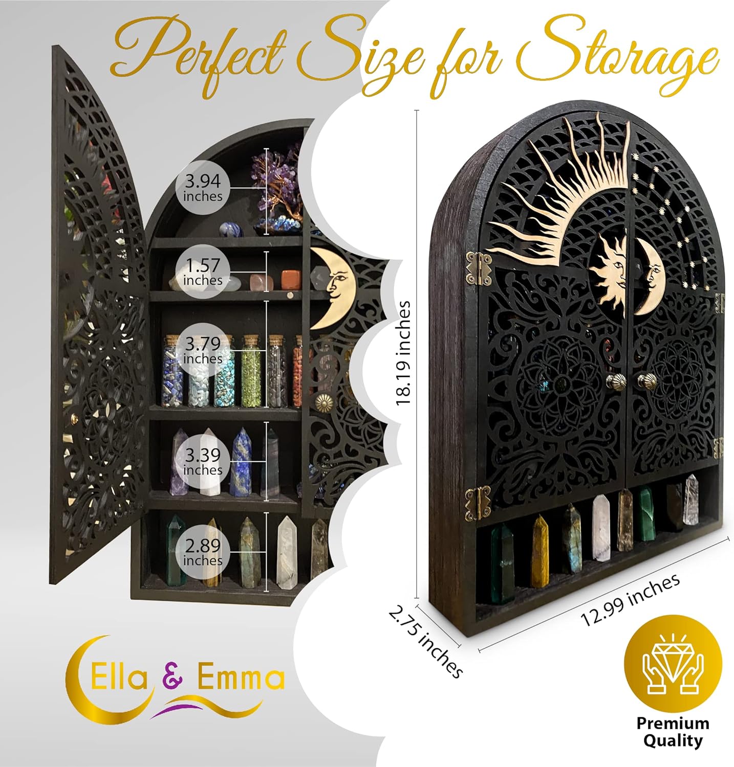 Ella & Emma Sun & Moon Wall Shelf – 5-Tier Hardwood Crystal Display Cabinet for Stones, Essential Oils, Nail Polish – Witchy/Boho Moon Phase Home Decor