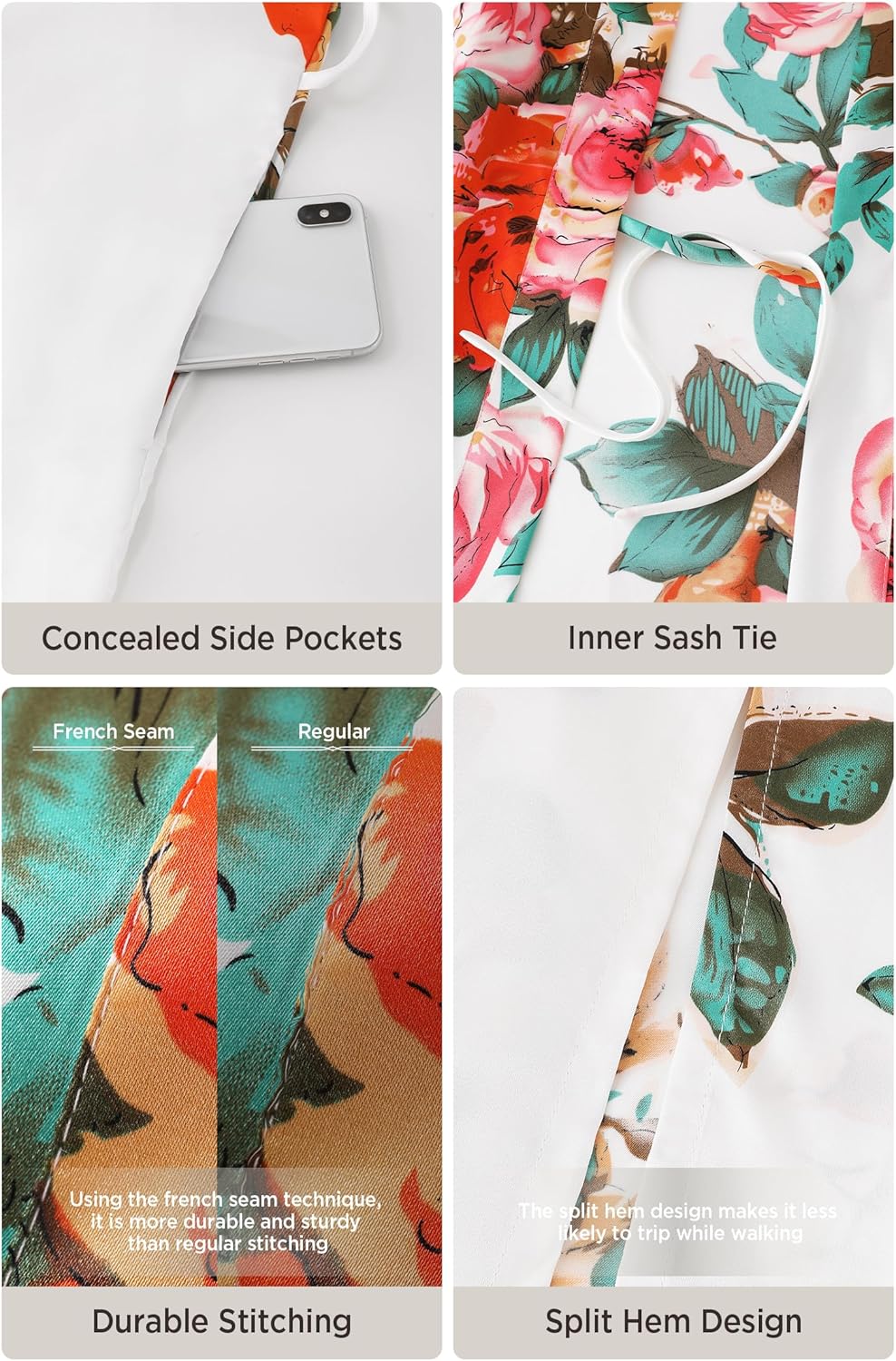 BABEYOND Women's Kimono Robe Long Satin Silky Floral Lightweight Bridesmaid Wedding Bachelorette Party Robe - Image 5