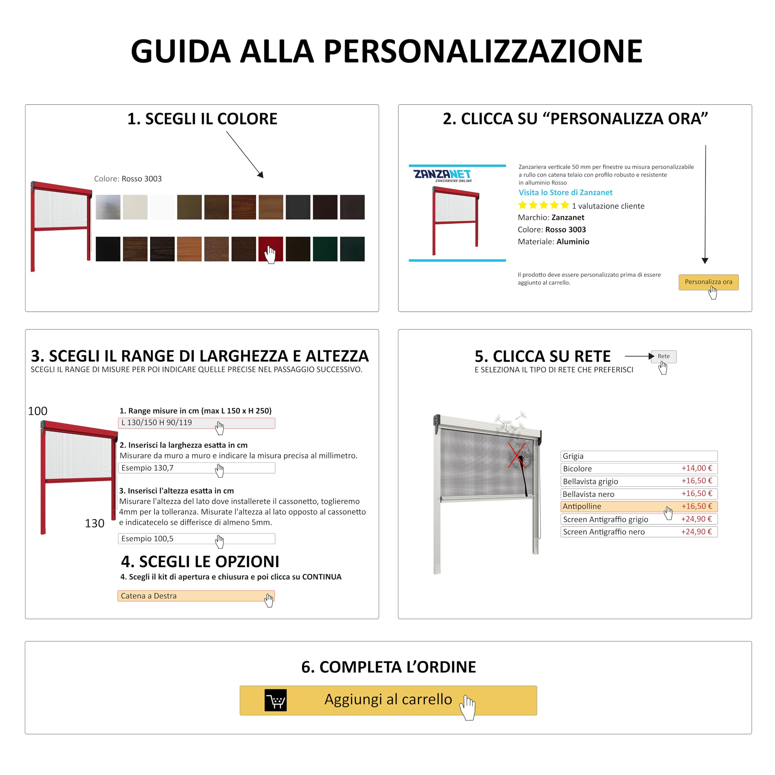 Zanzanet Zanzariera Chiusura Ermetica verticale a catena 55mm per finestre su misura personalizzabile a rullo con profilo robusto e resistente in alluminio 45x90 cm