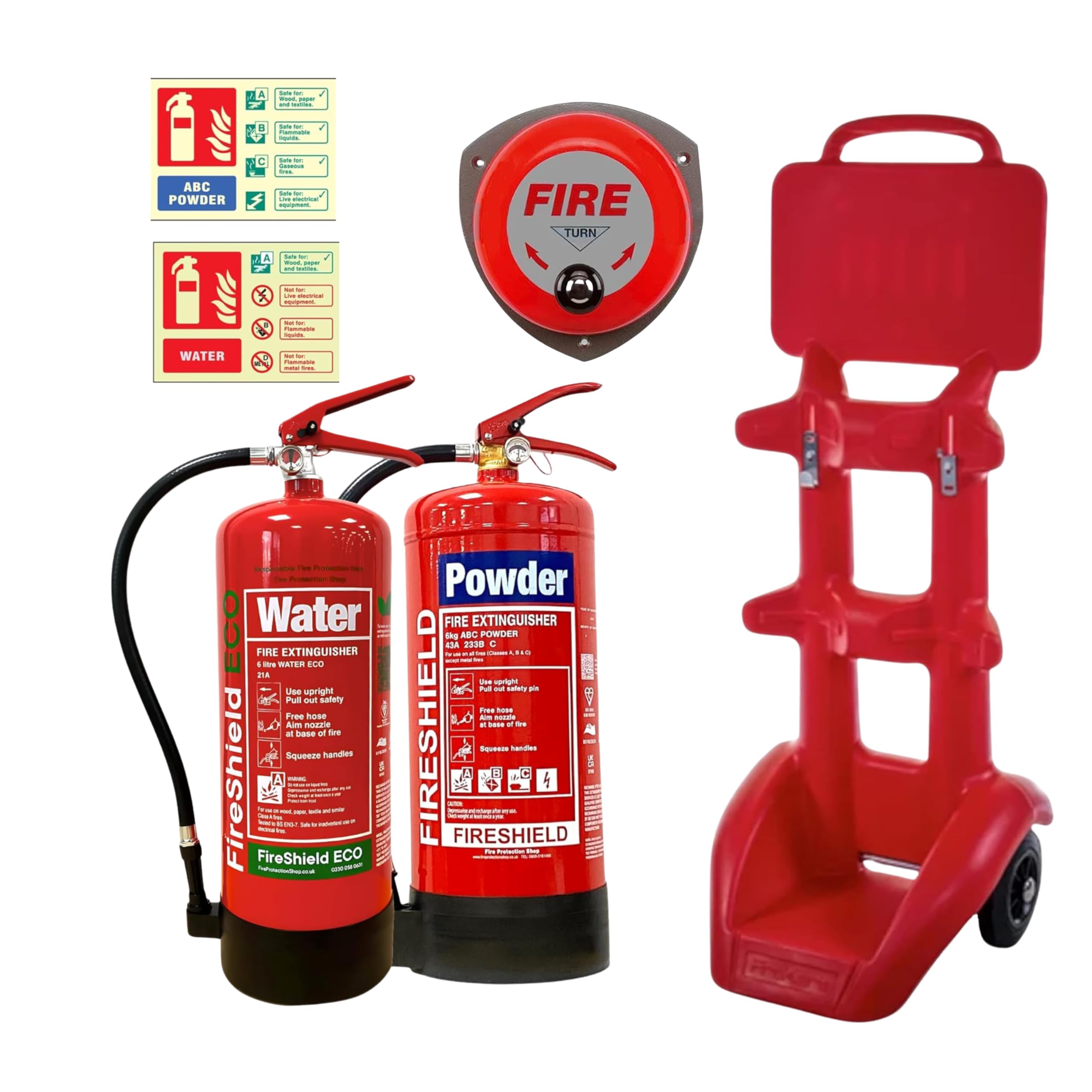 Fireshield Light Fire Safety Pack For Construction Sites, Jonesco Firekart Trolley, Rotary Fire Alarm Bell, 6Kg Powder Fire Extinguisher & 6Ltr Eco Water Fire Extinguisher, Powder & Water Extinguisher Id Signs