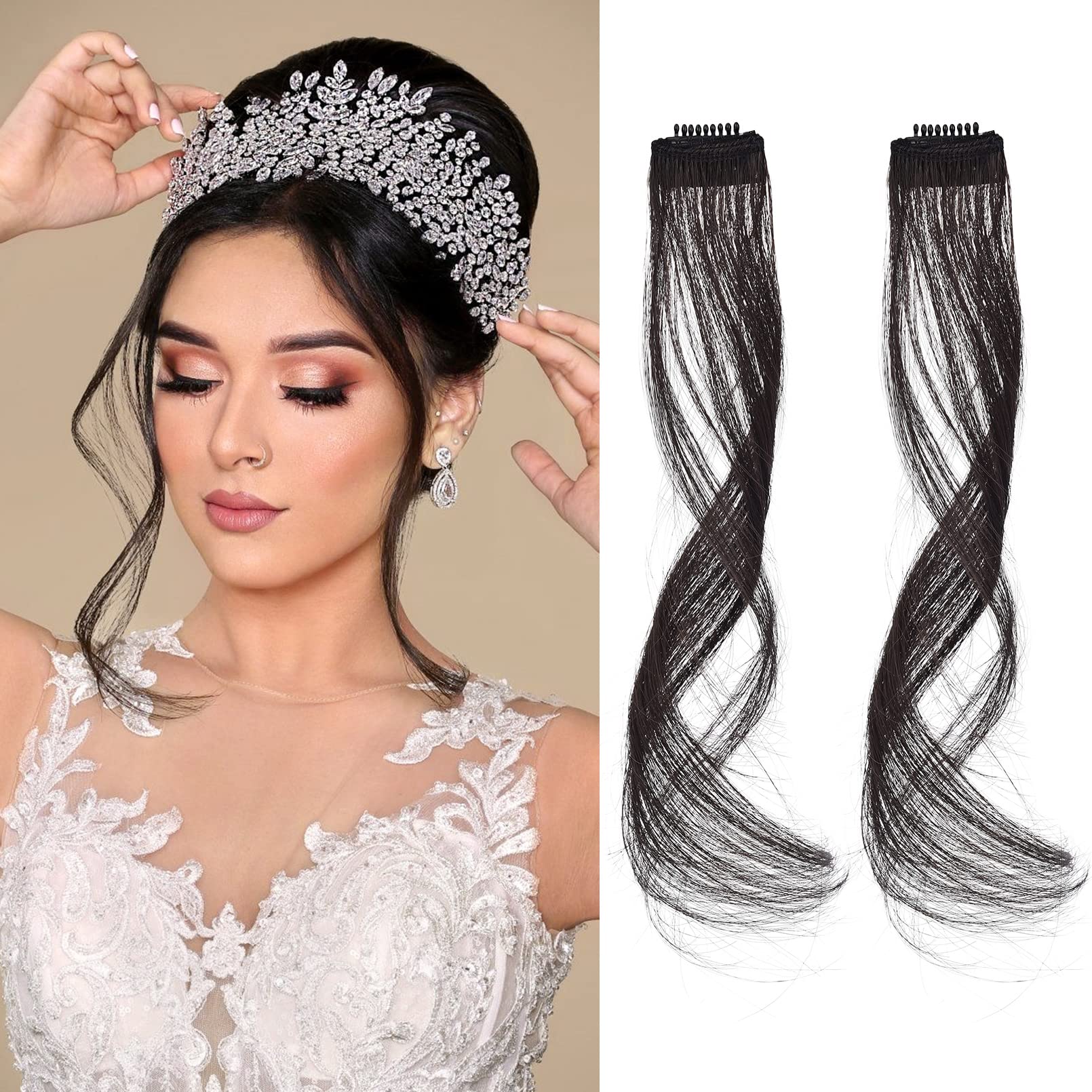 Flufymooz Side Air Bangs,2PCS Clip in Bangs Front Side Bangs Set Long Temples, Bangs Hair Clip on Fringe Bangs with Temples Synthetic Long Dragon beard Bangs Hair 12 inch (Black Brown)