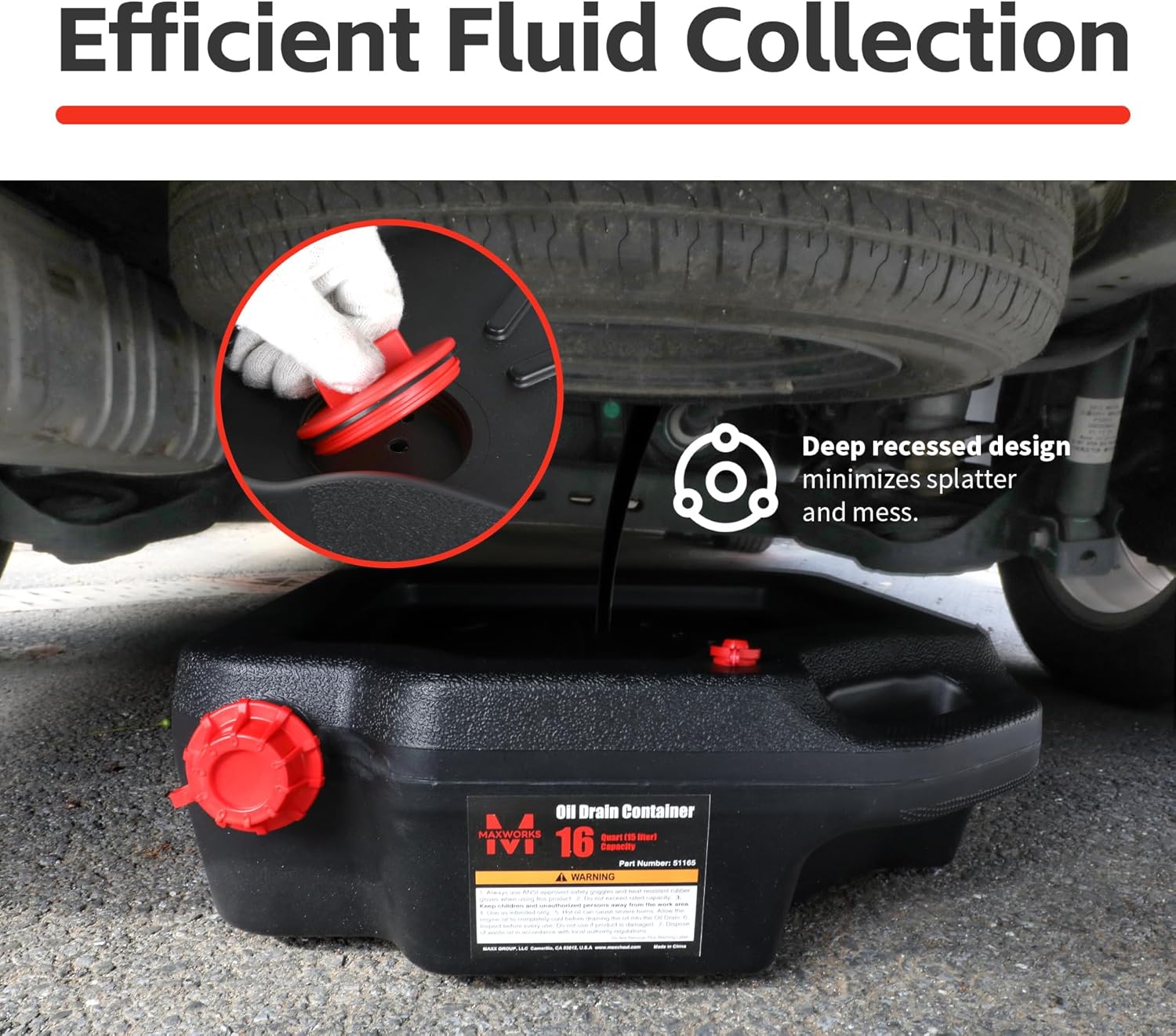 MaxWorks 51165 16-Quart Oil Drain Container, Black – Deep Drain Well, Ergonomic Handles, Spill-Resistant Design, Upright or Flat Storage – Ideal for Trucks, SUVs, and Farm Equipment