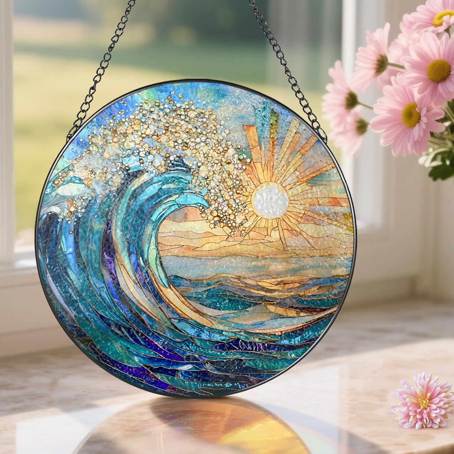 Sea Wave Stained Glass Suncatcher, 8 Inch Ocean Suncatchers for Window Hanging, Beach Lover Gifts, Beach Decor, Coastal Suncatcher, Gifts for Friends, Couples, Family, Colleagues - Image 5