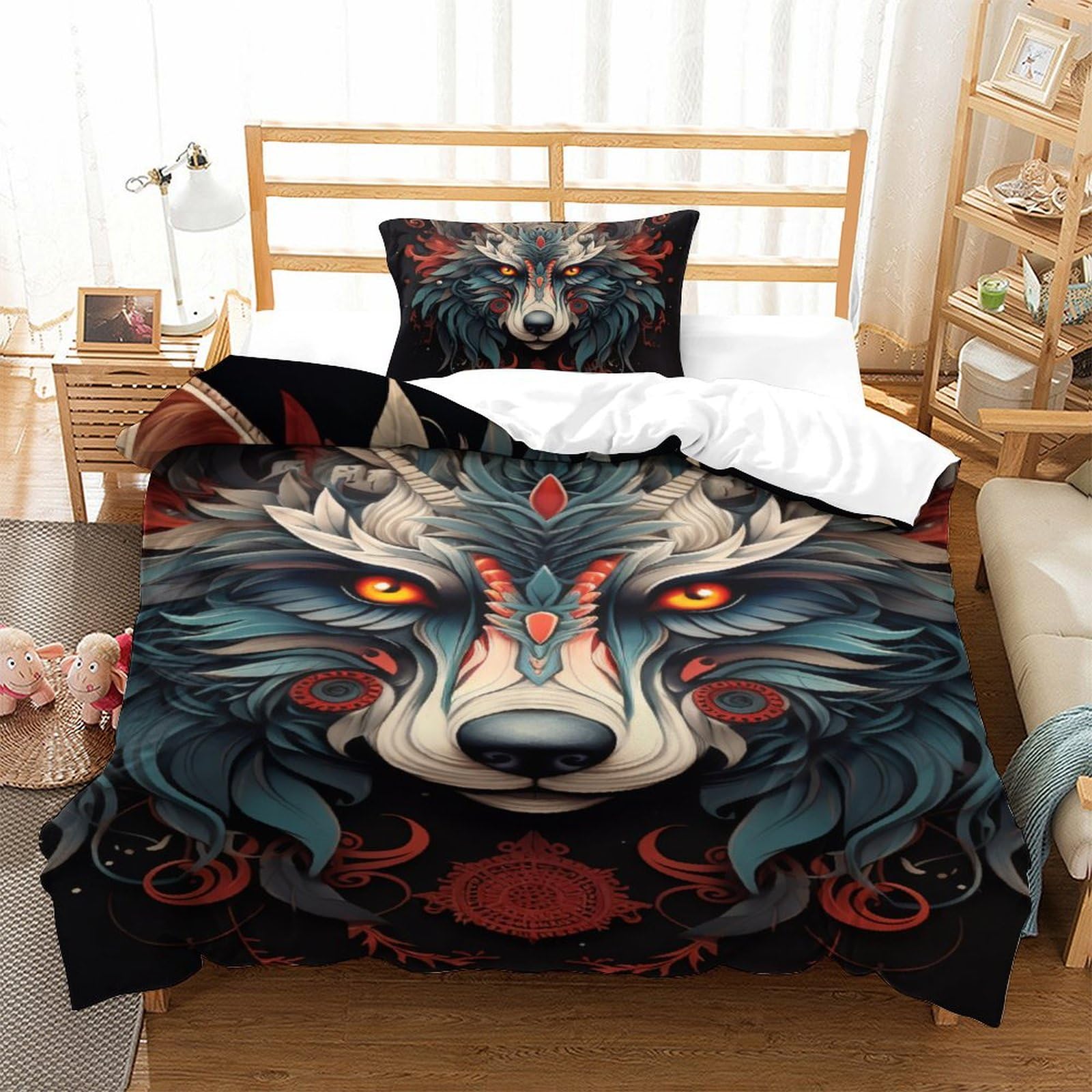 Housse de couette loup 3D en microfibre 135x200 cm avec sa taie d'oreiller pour lit simple