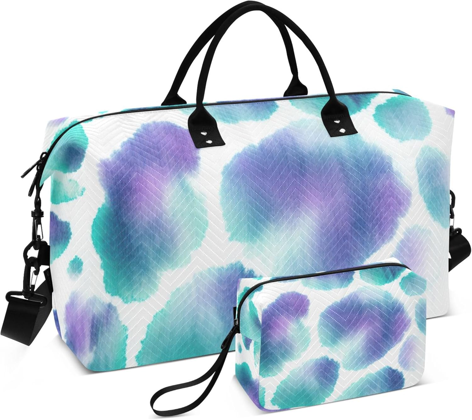 パステルスポット グリーン パープル ダッフル トラベルバッグ&amp;メイクアップポーチ 2個セット、ファッション レディース 週
