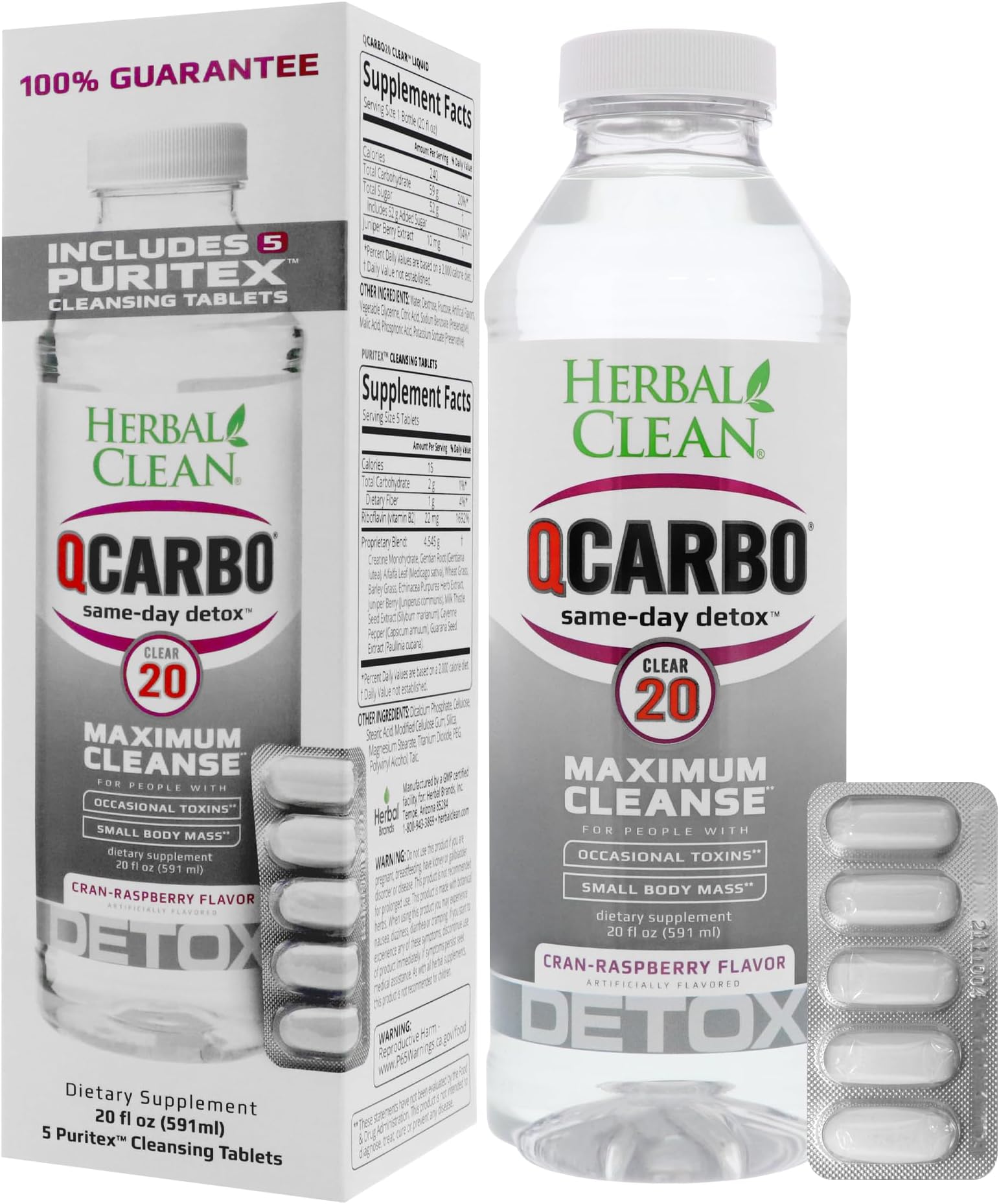 Herbal Clean - QCarbo20 Same-Day Detox Drink+Tablets, Cran-Raspberry, (20 fl oz, 5 Tablets)