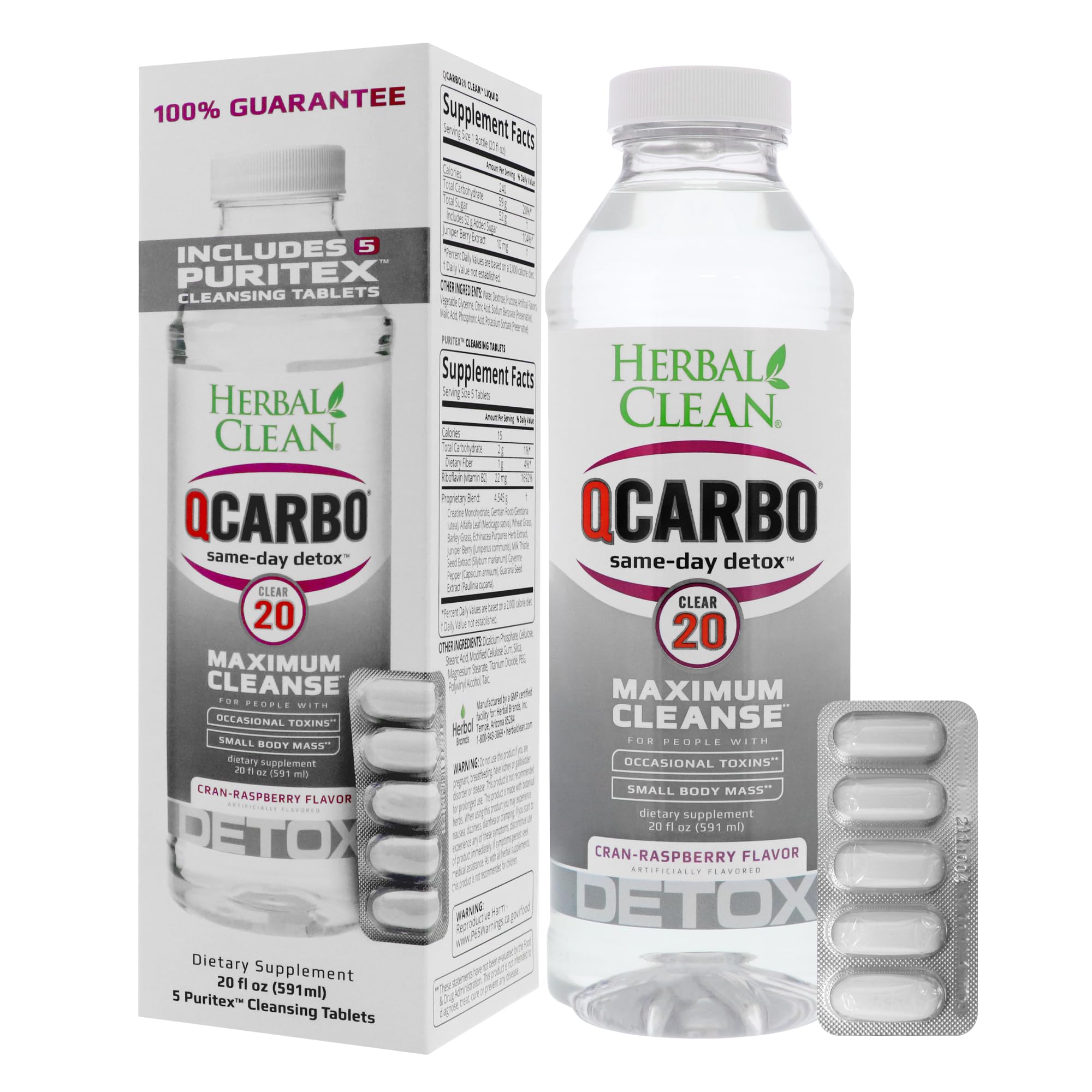 Herbal Clean - QCarbo20 Same-Day Detox Drink+Tablets, Cran-Raspberry, (20 fl oz, 5 Tablets)