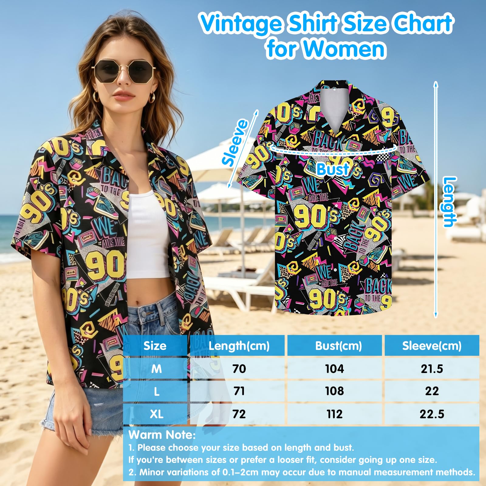 Abbigliamento hawaiano, da donna, a maniche corte, estivo e occhiali da sole, anni '90, per casual, vacanze, carnevale