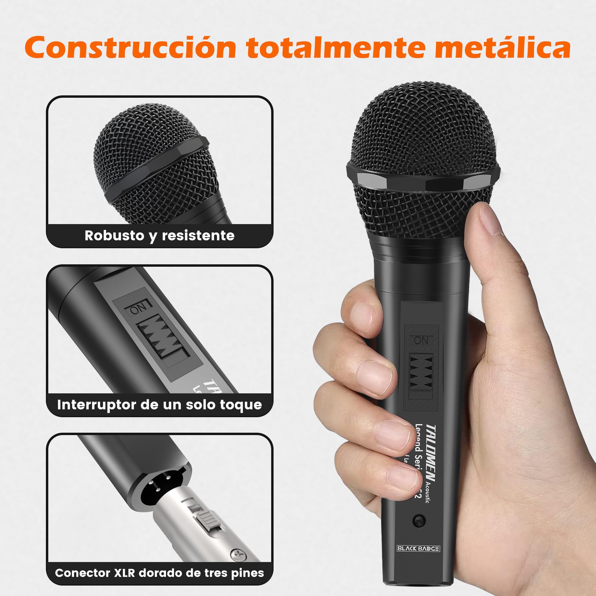 talomen Micrófono Dinámico con Cable Profesional, Vocal Cardioide de Mano, con Cables XLR de 6 m y 2 m, para Cantar, DJ, Karaoke, Altavoz PA, Amplificador y Uso en Exteriores, L52 Negro