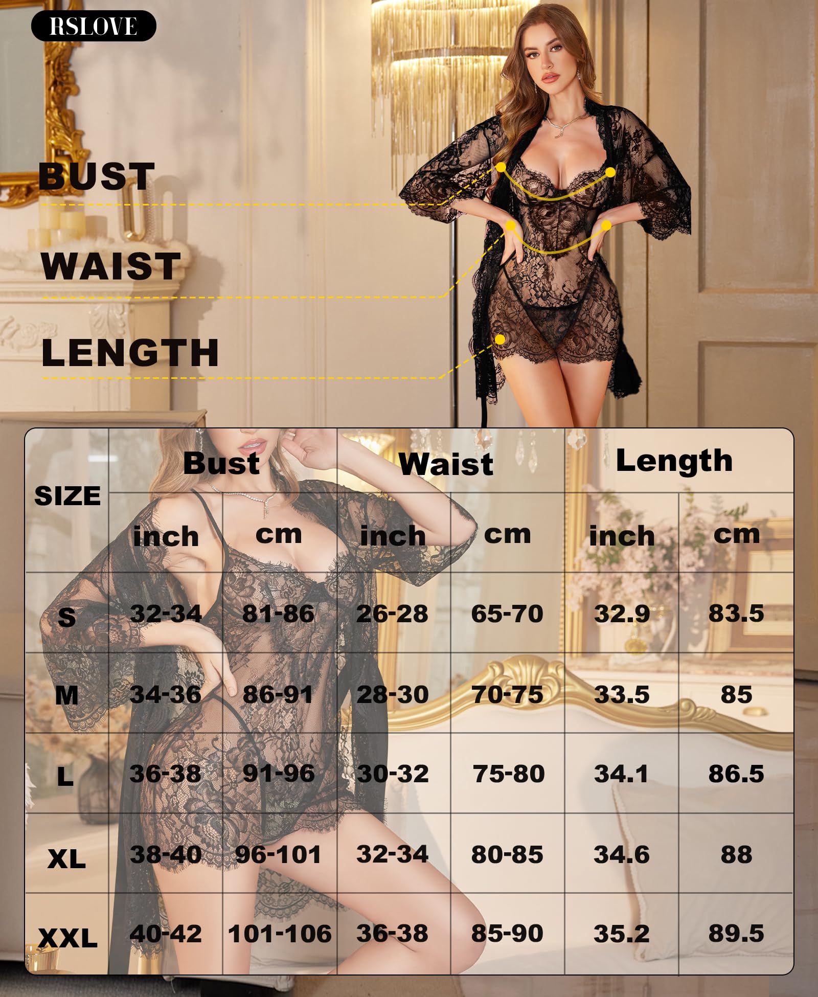 RSLOVE Nuisette Sexy Tenue Femme - Robe en Dentelle Col V und Chemise de Nuit avec G-String 3 Pièces