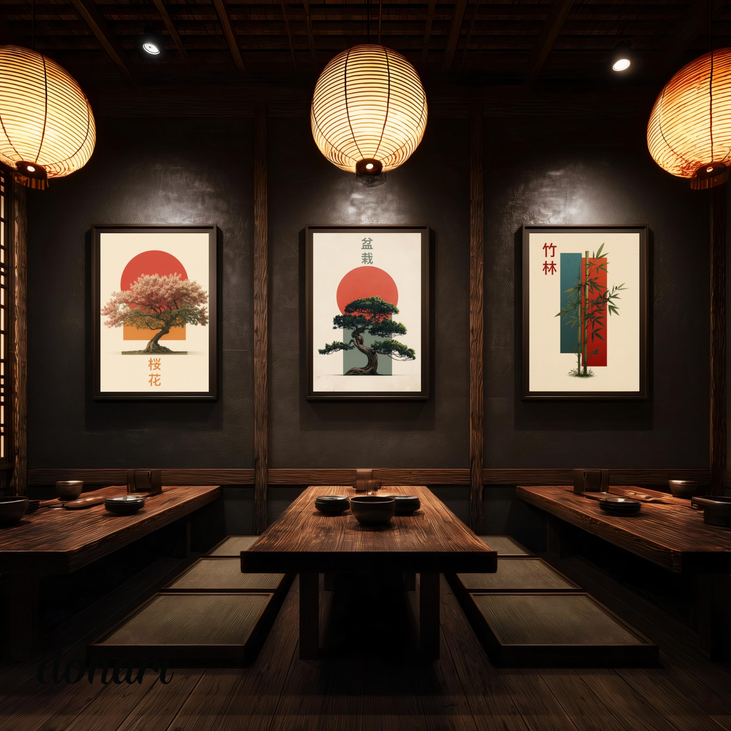 Donari Lot de posters japonais – Tableaux muraux avec motifs asiatiques | Kyoto, Tokyo & culture traditionnelle | Idée cadeau pour les fans du Japon (lot de 6 - Bonsaï x Bambou, 30x40 cm, Cadre noir)