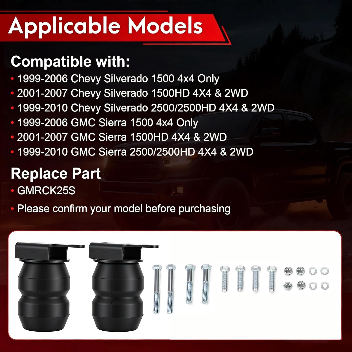 Upgraded Rear Axle Helper Springs Kit Compatible with 1999-2010 Chevrolet Silverado & GMC Sierra 1500HD 2500 2WD/4WD – Rubber Cushion Bump Stop Replacement for Timbren GMRCK25S – TR3024