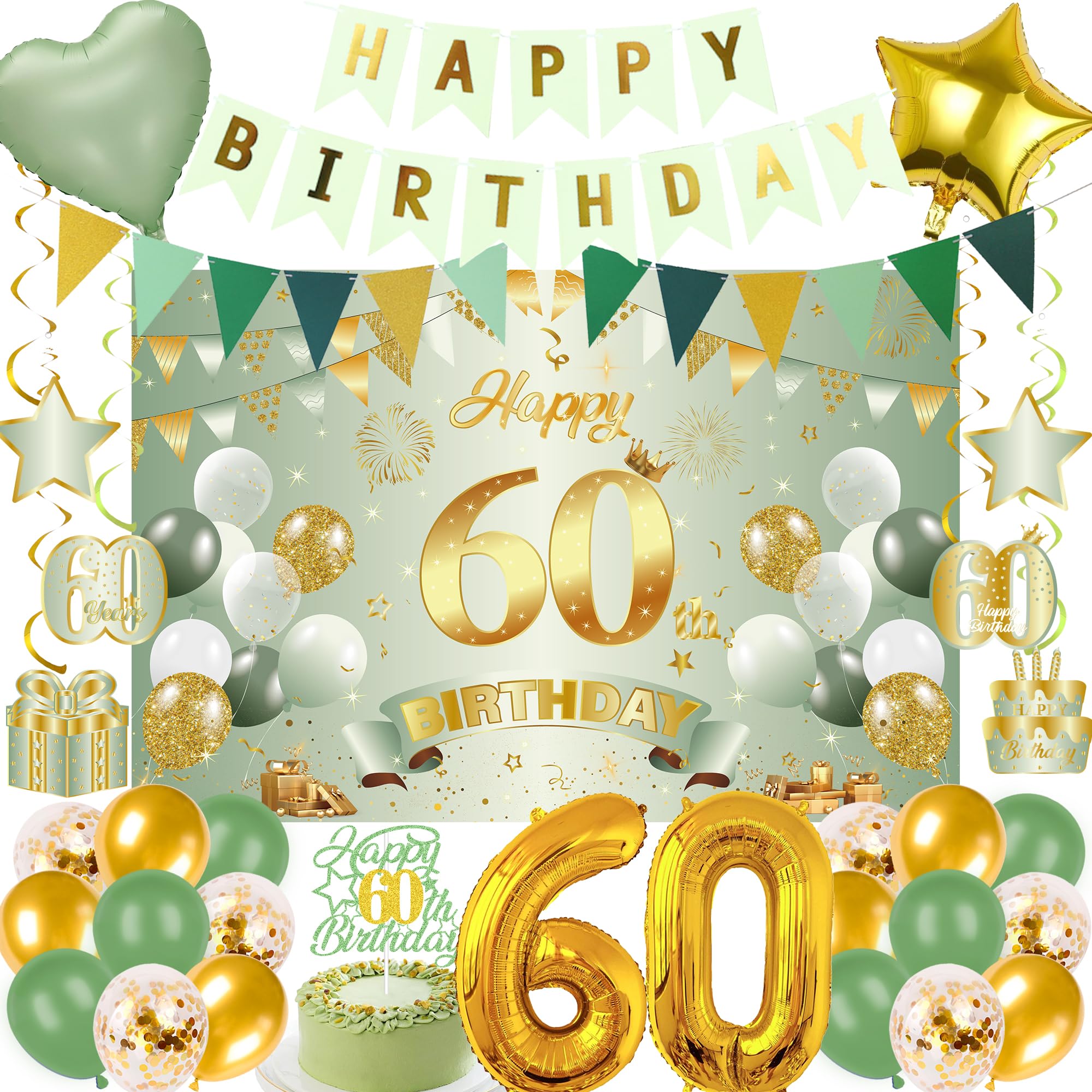 LPPIIUSSU 60th Birthday Decorations Women Men - 32 Pcs Sage Green Gold Banner Pennant Backdrop Hanging Swirls Number Balloons Cake Topper Table Decor For Her Him Cheers To 60 Year Old Party Supplies