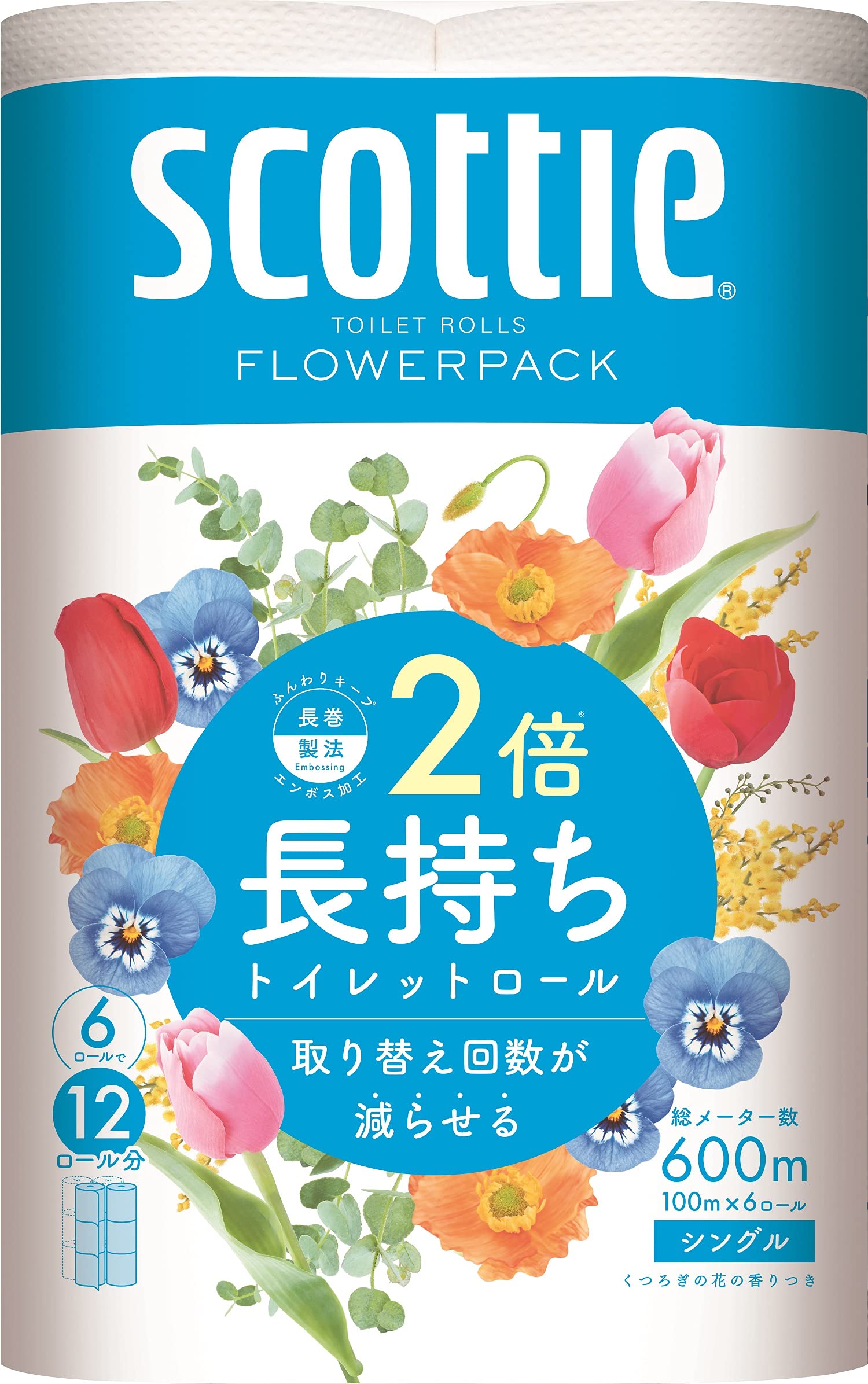 スコッティ フラワーパック 2倍巻き(6ロールで12ロール分) トイレット 100mシングル 画像 1