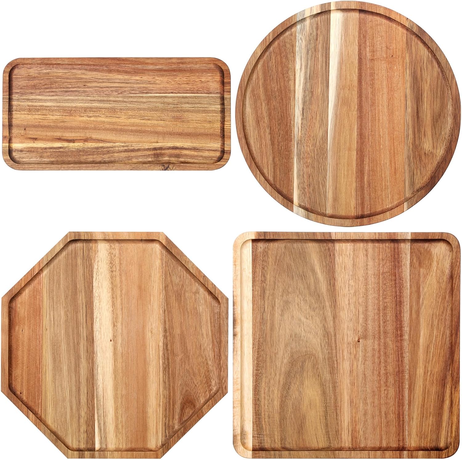 Baderke 4 Pcs Solid Acacia Wood Charcuterie Boards Wooden Serving Tray Set for Serving Food Large Dinner Platters for Dinner Party Cheese Food Decorative(Square Octagon Rectangle Round, 3 Sizes)