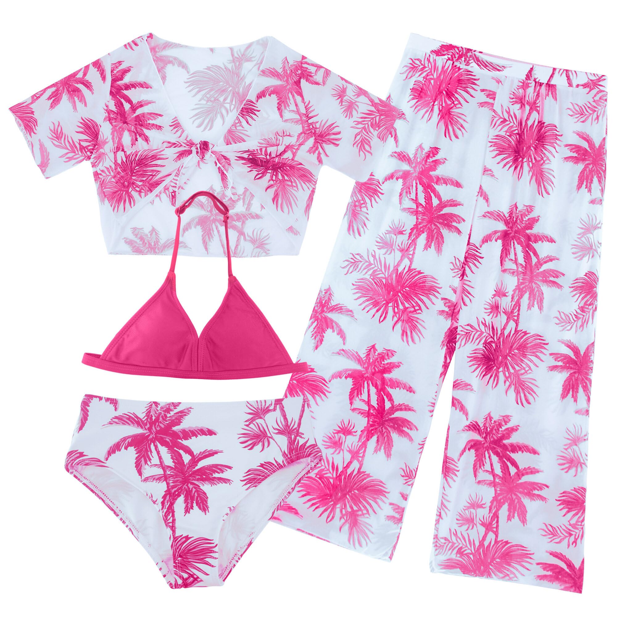 AIEOE 4 Piezas Traje de Baño Bikini Conjunto Niñas con Tropical Print Protección Solar Bañador con Pantalones 8-12 Años