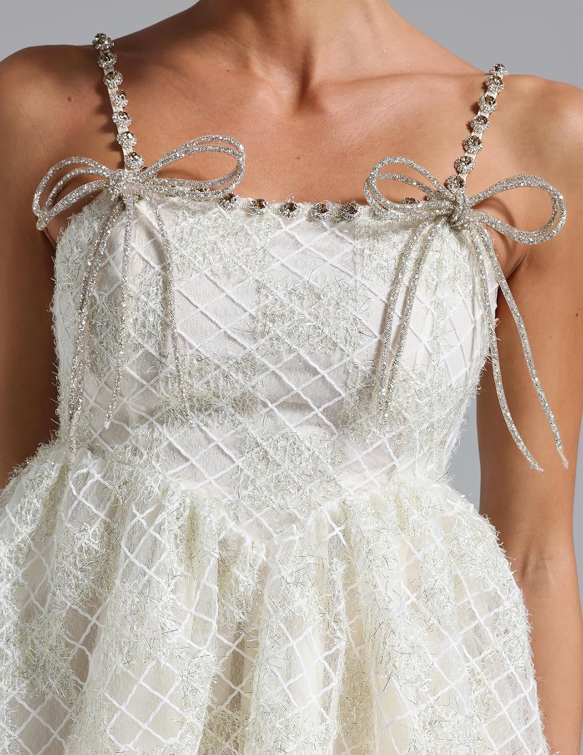 BELLA BARNETT Bow Spaghetti Strap Dress Diamante Mesh Dress Cute Pleated Dress White Fairy Dress