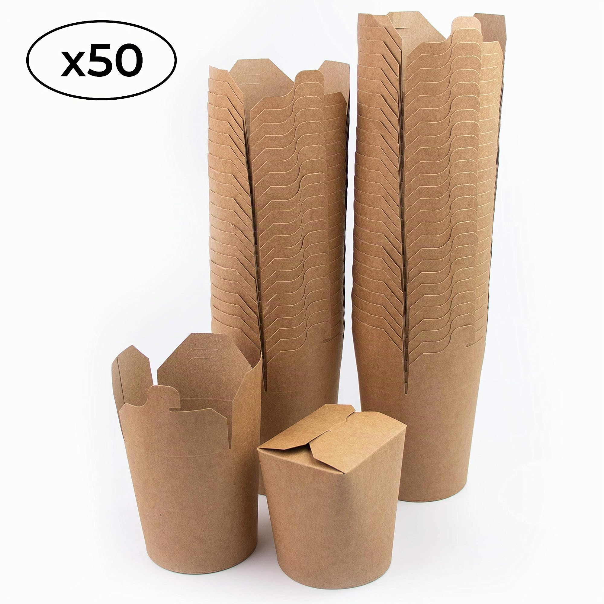 Extiff Lot de 50 boîtes marrons en carton 480ml - Récipient alimentaire jetable pour nourriture à emporter - Pasta Box pour nouilles/pâtes/plats cuisinés - Etanche - 100% recyclable