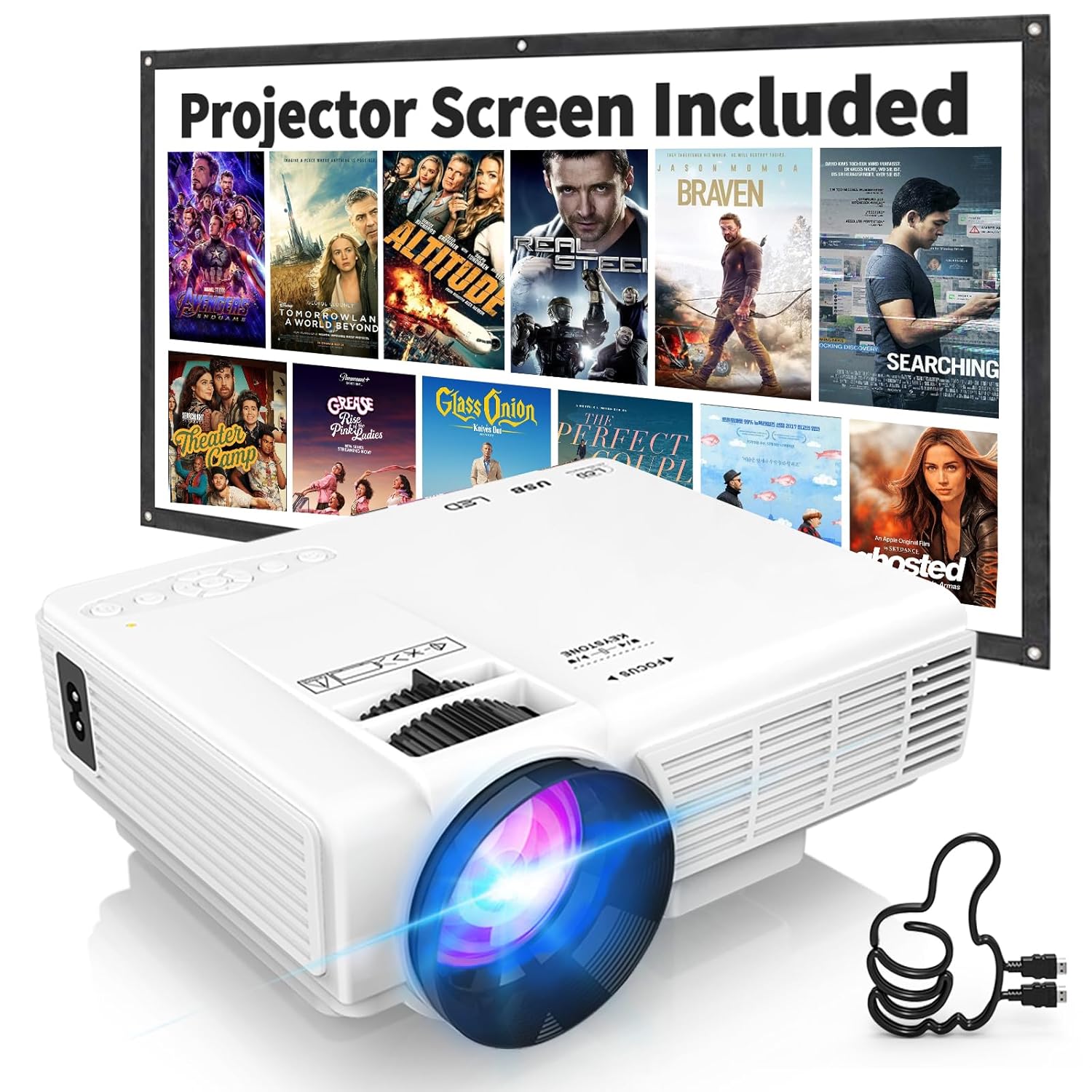 【Projector Screen Included】 1080P Mini Projector with Two-Way Bluetooth, 50% Zoom, Portable Outdoor Movie Projector, Compatible with TV Stick, Video Games, HDMI, USB, Smartphone
