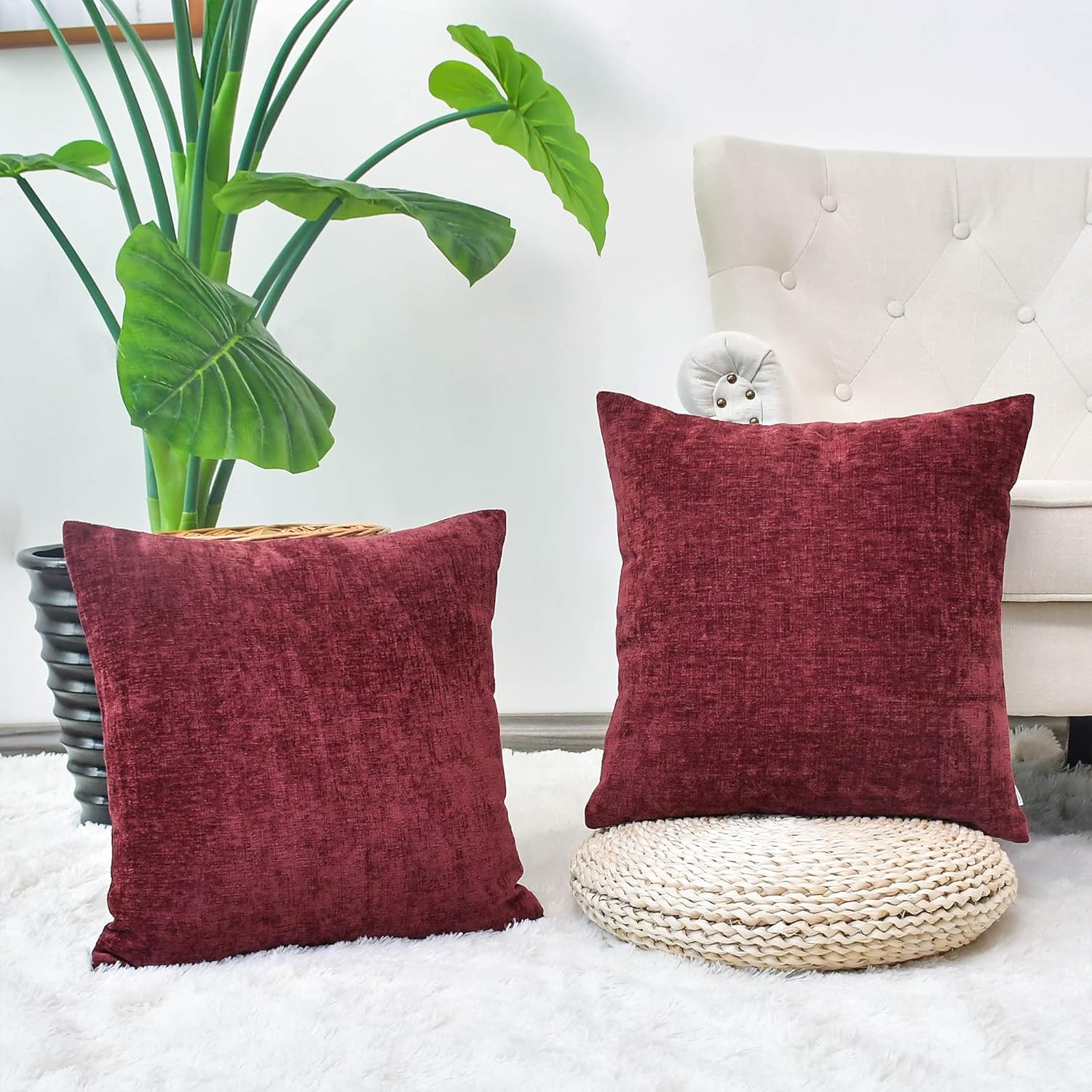 CaliTime Pack of 2 Cozy Throw Pillow Covers Cases for Couch Sofa Home Decoration Solid Dyed Soft Chenille 18 X 18 Inches Burgundy : Home & Kitchen
