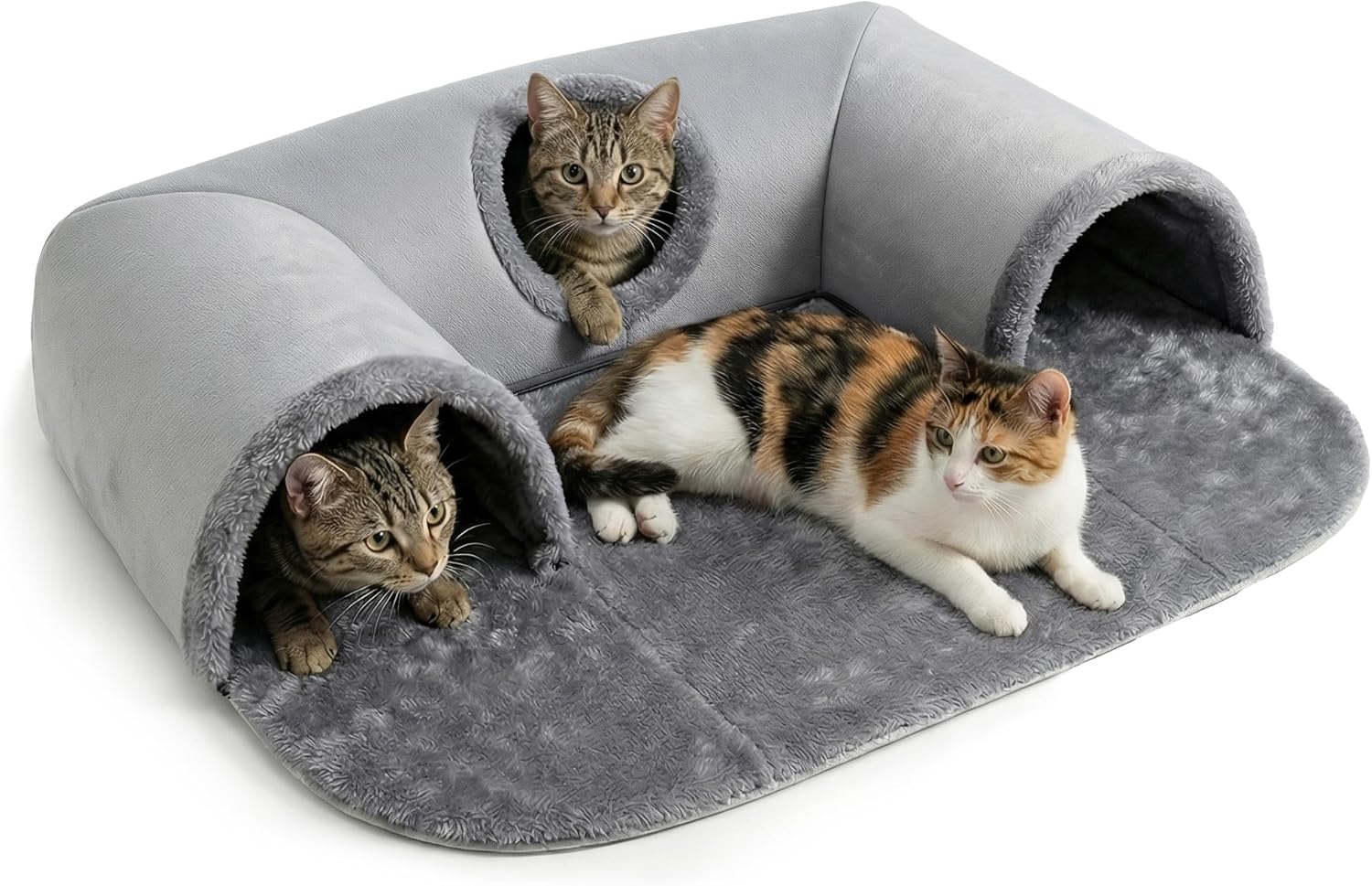 Cat Tunnel Bed for Indoor Cats, U-Shape Play Tube with Peek Holes Dangling Toy, Pet Tunnel for Kittens Small Pets, Detachable for Easy Storage (Grey)