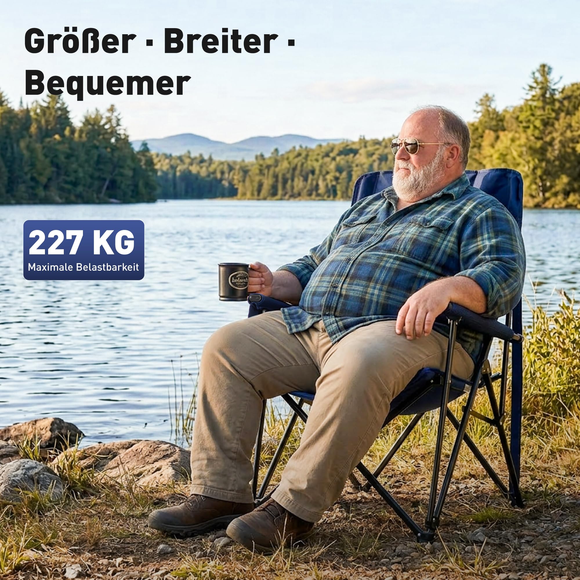 HIGH POINT SPORTS Campingstuhl Faltbar 225kg Klappstuhl Gepolstert Blau | Outdoorstuhl mit Kopfstütze Getränkehaltern Faltbarer Angelstuhl XXL mit Armlehnen