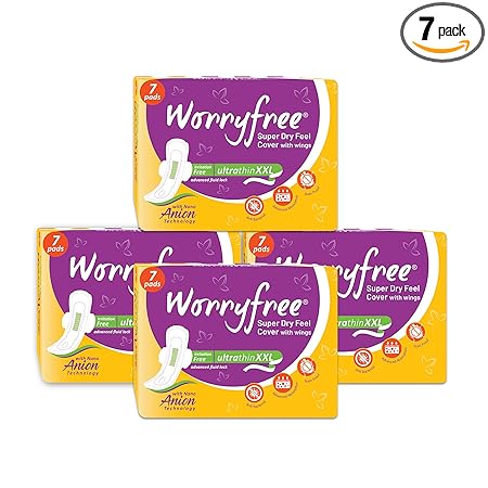 Worryfree Anion Super Dry Ultra Thin Sanitary Pads for Women with Wings 320mm, XXL, Normal Flow, Heavy Flow, (Pack of 7 Pads)