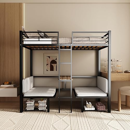 Twin Size Loft Bed with Desk for Dormitory,Living Room,Bedroom,Metal Bed Frame w/Wood Slats Support/Table Sets Transformable to Twin Over Twin Bunk Bed,Black（Cushion Not Included）