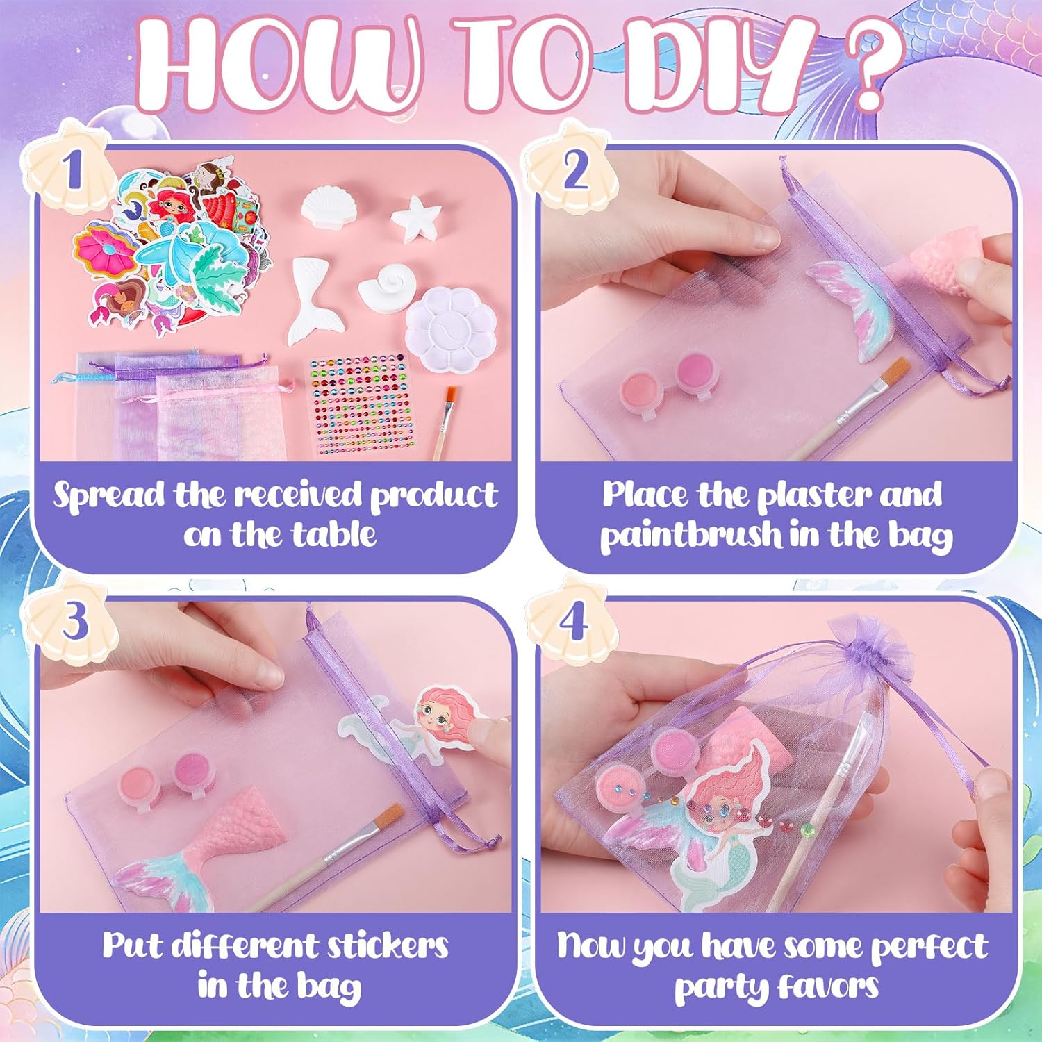 Gersoniel 24 Set Mermaid Theme DIY Plaster Paint Your Own Figurines Art and Craft Set Sea Party Favors Painting Statues Kits with Brushes Palette Mermaid Sticker Organza Bag for Art Activity Supply