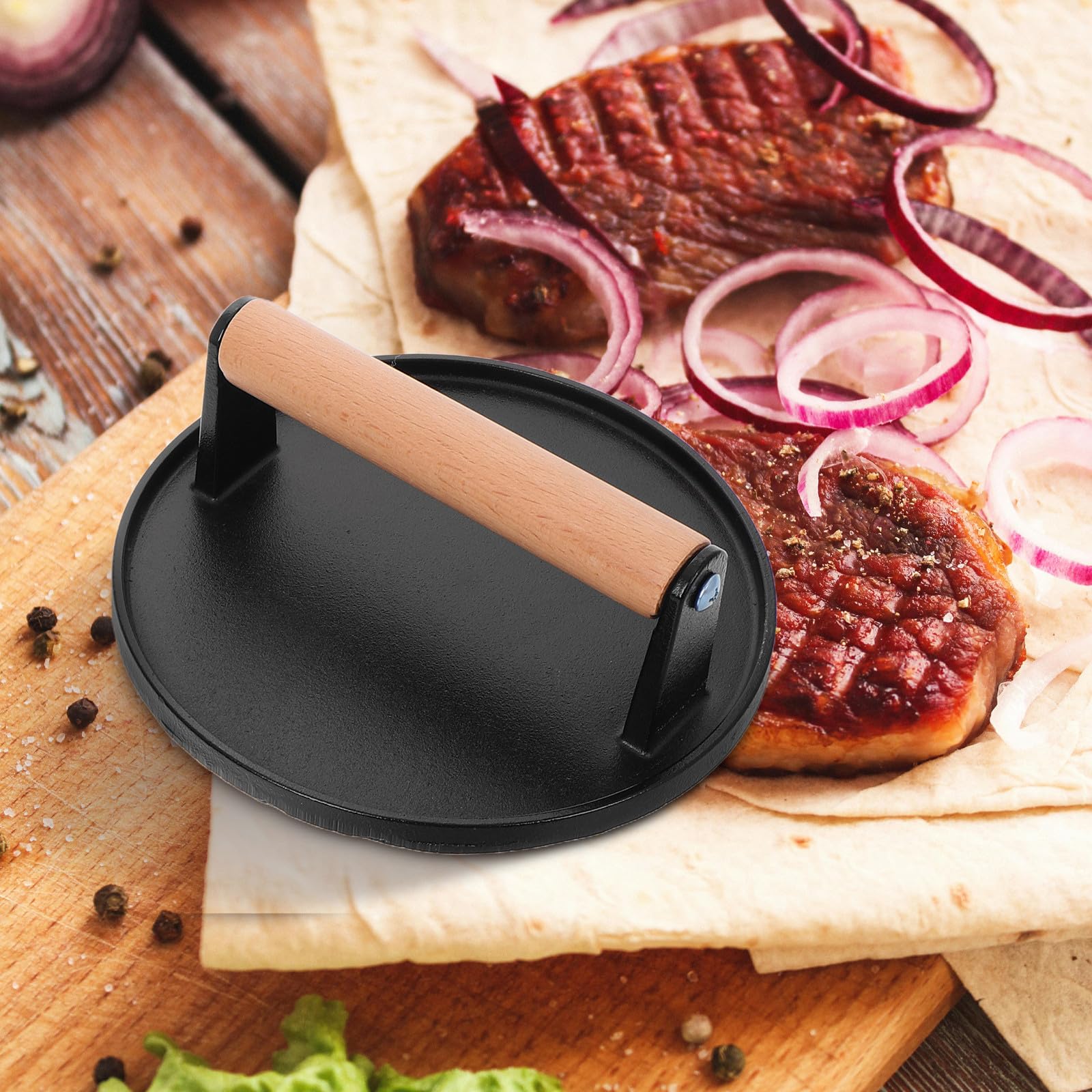 Prensa Formas Redonda y Rectangular con de Hierro Fundido para Hamburguesas Mango de Madera, 2 Piezas, Diseño sin Recubrimiento y Adecuado para Cocina Asados