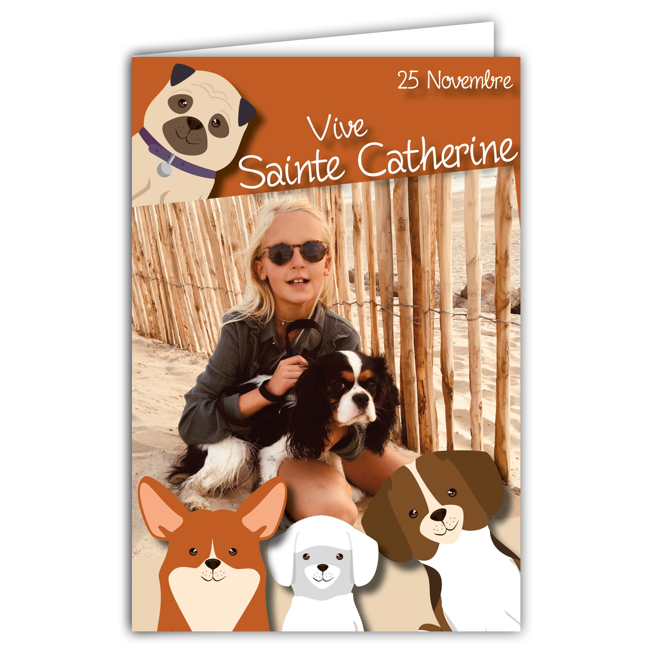 Afie 68-1306 Card with Envelope Vive Saint Catherine 25 November Bonne Fête for Little Girl Who Love Dogs Walking Sand Sea Crank Wood Brown Recreation Trading Card