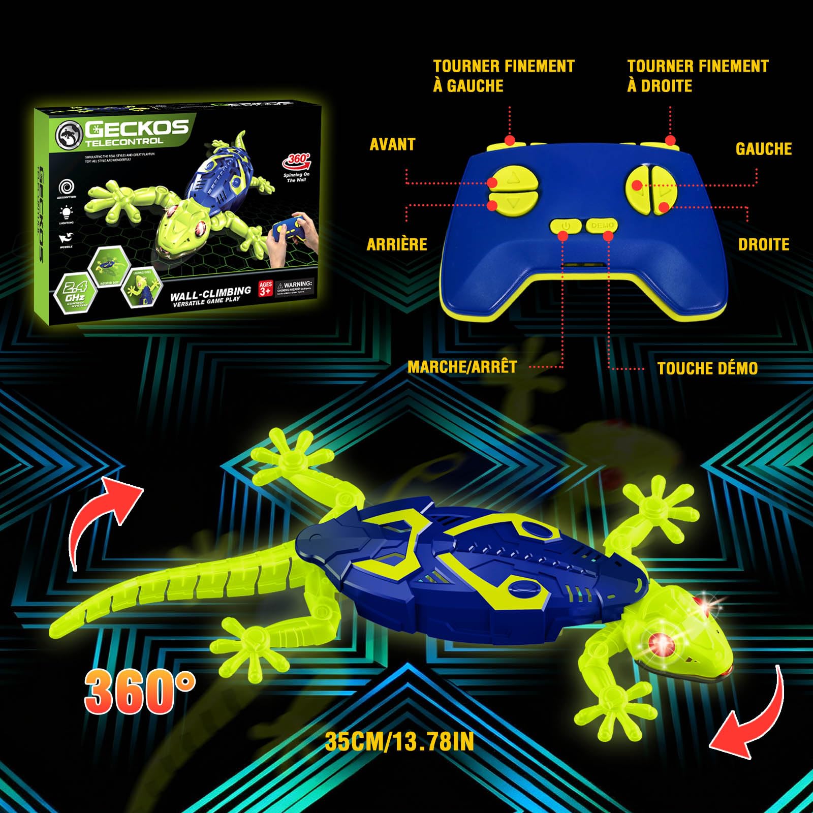 Gecko Radiocommandé Fluorescent, Lézard Télécommandé Qui Grimpe au Mur et Plafonds, Jouet Interactif avec Yeux LED Lumineux, Cadeau Enfants 3-9+ Ans