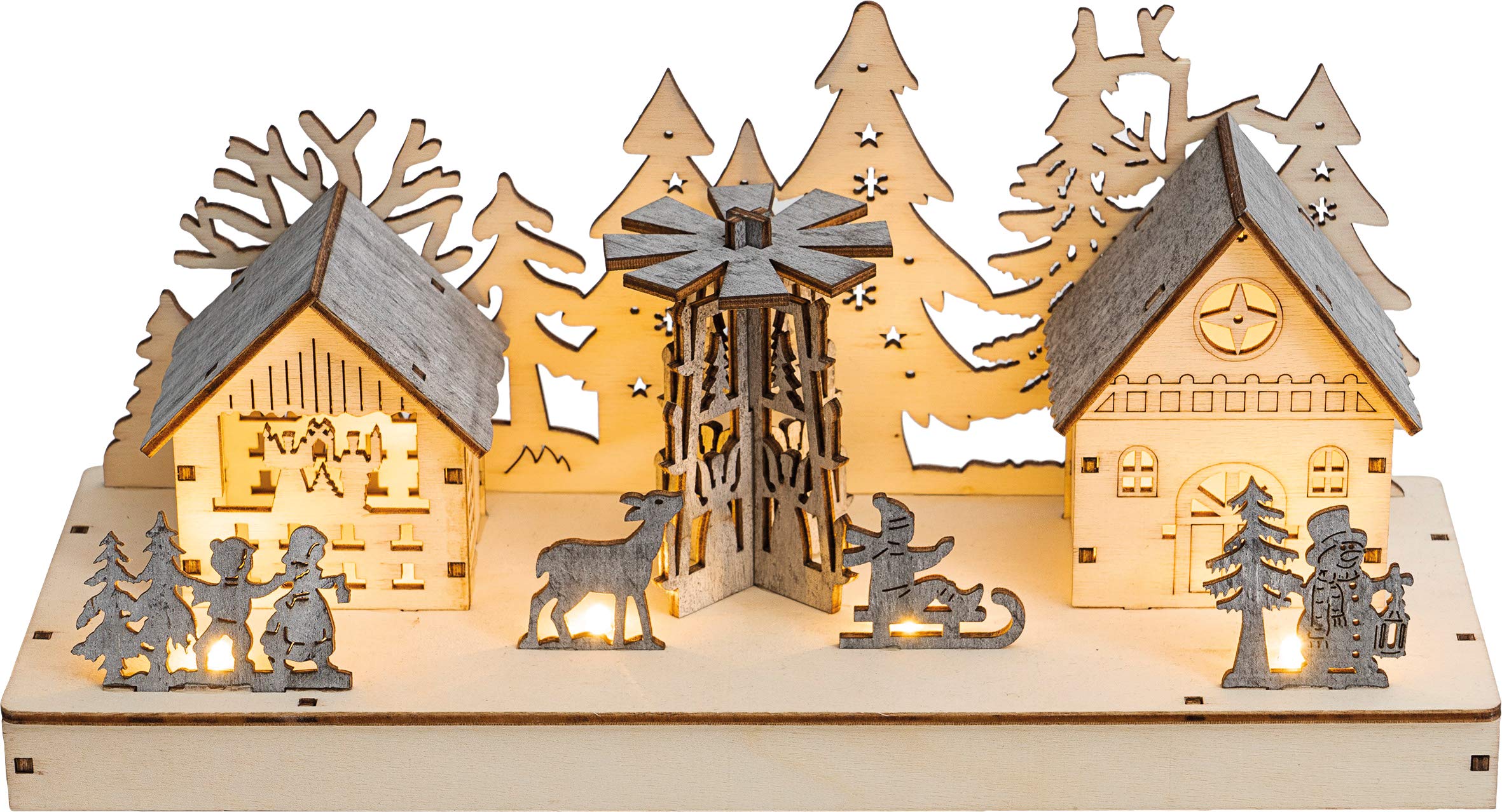 Xmas Haus Wooden Light Up Festive Scene - Brown - 11x13.5x28cm