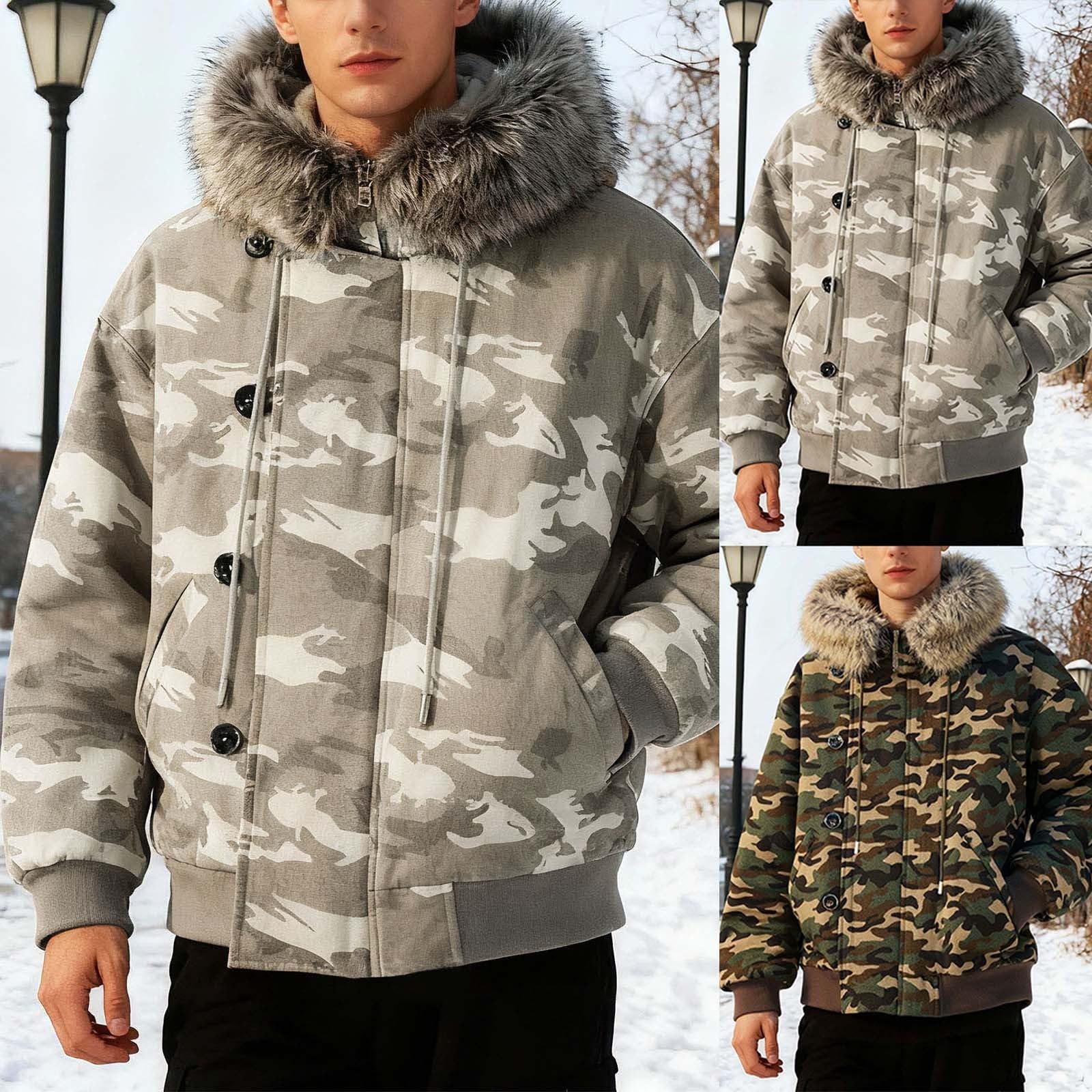 Herren Skijacke Warm Gefüttert Winterjacke mit Fellkapuze Outdoor Snowboardjacke Gepolstert Camouflage Vintage Übergangsjacke Winddichte Windbreaker Dicke Steppjacke