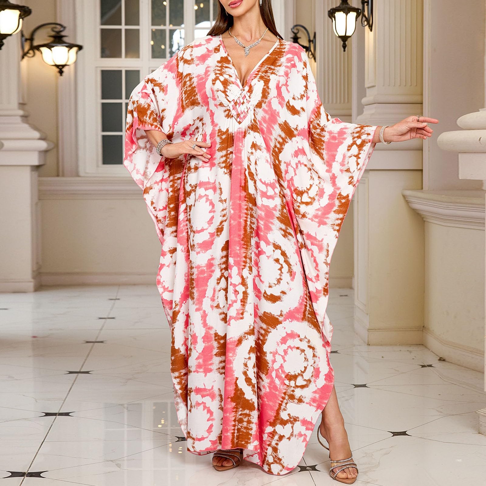 Generico Caftano Donna Mare Vestito Elegante Lungo Loungewear Estivo Casual Copricostume Ideale BohéMien Kaftano Spiaggia per Vacanze