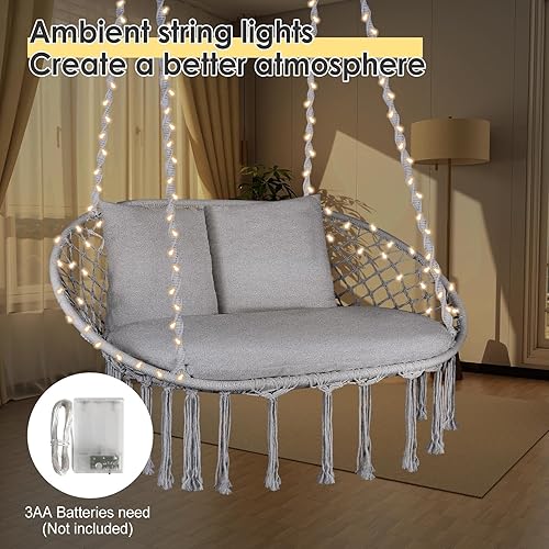 Miniatura 2 de Silla oscilante doble, silla colgante grande de macramé con 3 cojines y accesorios de montaje, silla oscilante tejida a mano para dormitorio, patio,