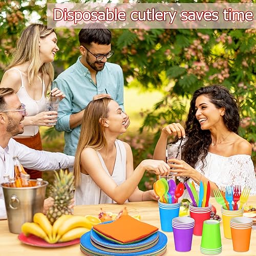 Miniatura 6 de Jinei Juego de 168 piezas desechables de suministros de fiesta arcoíris de 7 pulgadas y 9 pulgadas, platos de papel coloridos servilletas, vasos,