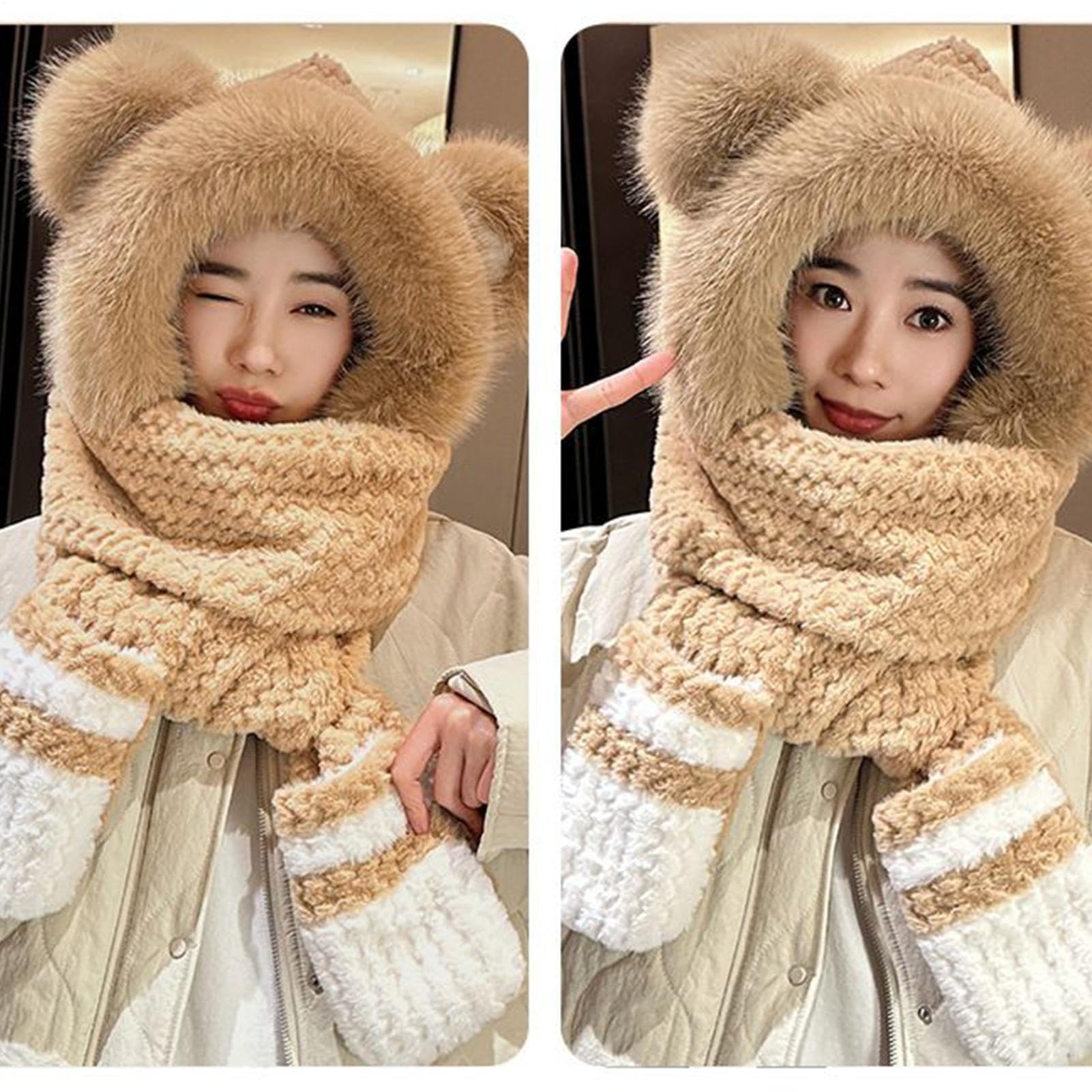 Écharpe d'hiver à capuche en peluche en forme d'ours avec gants intégrés - Cache-cou pour skieurs, randonneurs, coureurs et utilisation quotidienne
