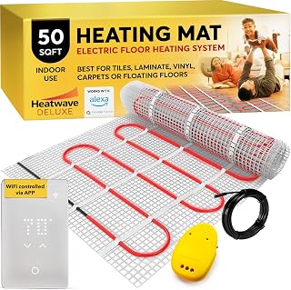 Deluxe Heated Floor System - 50 Sqft, 5 Amps, 600 Watts, 120V Underfloor Electric Heating System, Heated Floor Mat, Radiant Heaters for Indoor Use WiFi LED App Controlled Thermostat, Sensor & Alarm
