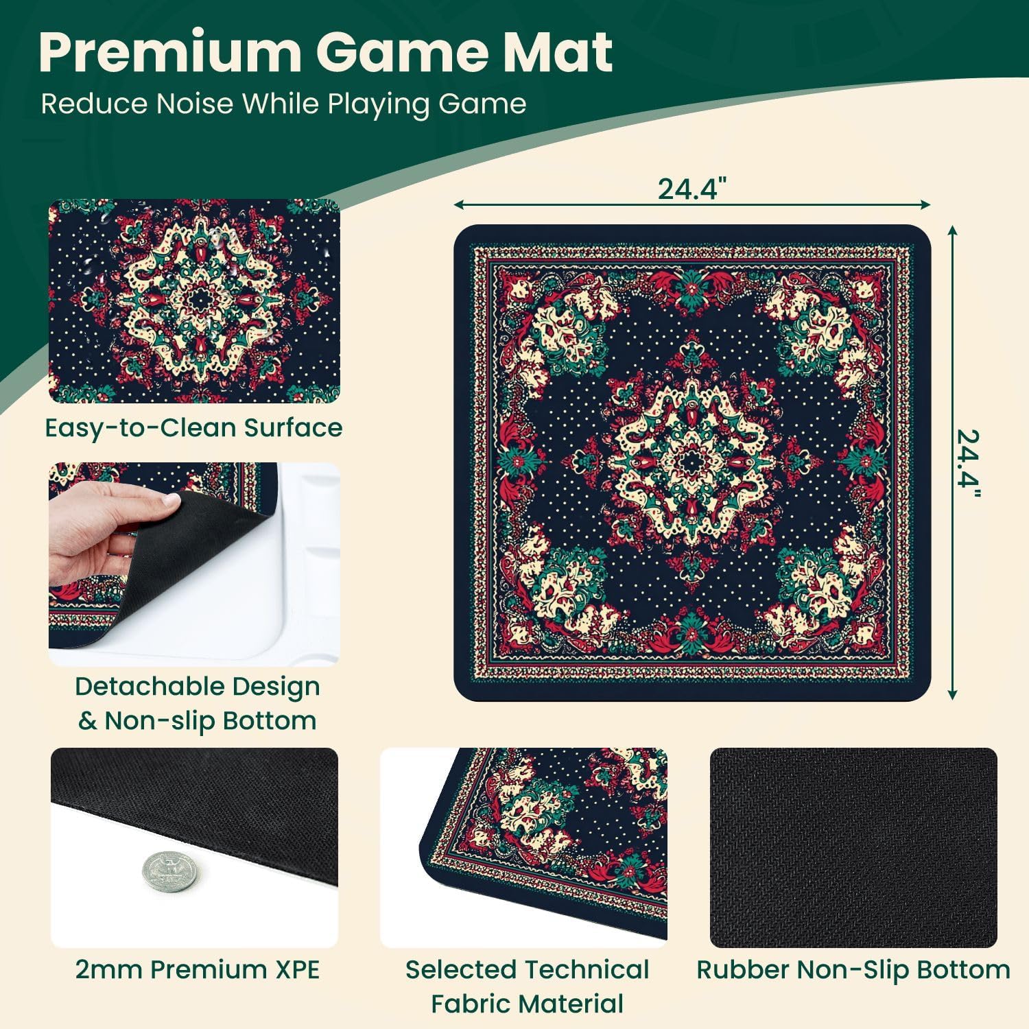 Folding Mahjong Table with Vintage Floral Bandana Red Green Cream Navy Wear-Resistant Mahjong Mat, 4 Cup Holders & Chip Trays for 4 Players Square Portable Card Table for Poker Domino