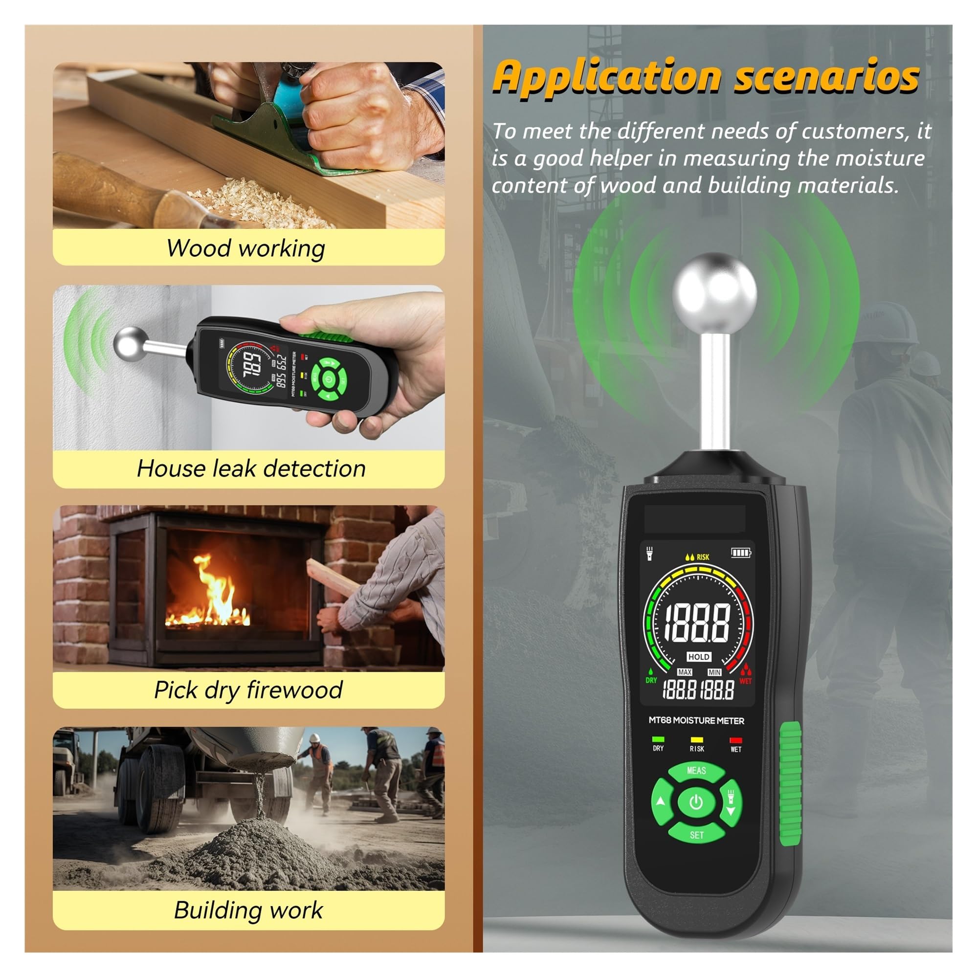 Misuratore di umidità del Legno Digitale MT68 Rilevatore Senza Contatto Schermo LCD Igrometro Allarme Tester Sfere Piccolo Errore