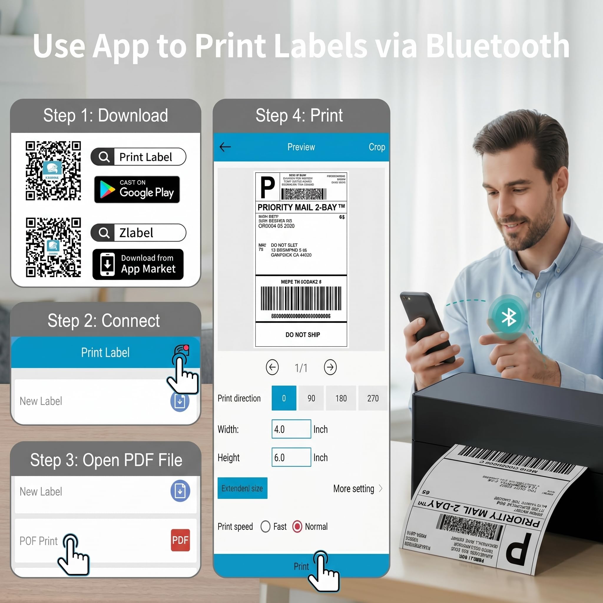 Stampante Etichette Termica 4x6 Nera – Bluetooth e USB, Senza Inchiostro – Include Chiavetta USB Driver – Per Magazzino e Spedizioni