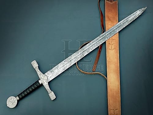 Miniatura 5 de HUNTEX - Réplica de espada medieval de acero de Damasco legendaria exclusiva Excalibur de 37 pulgadas de largo, navaja afilada con vaina de cuero
