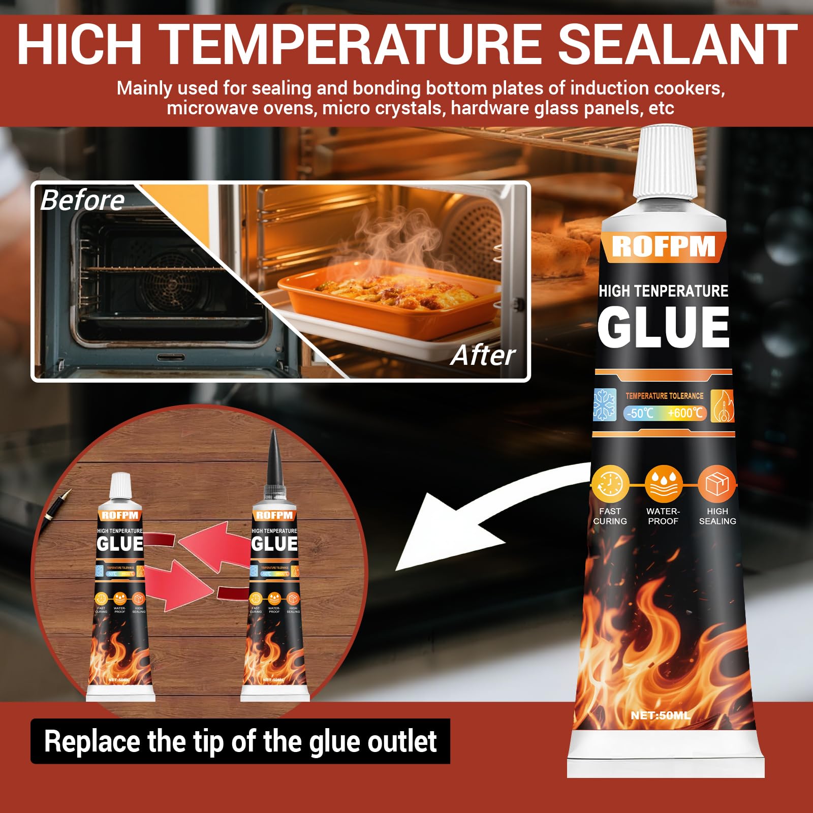 Colla Alta Temperatura, Nero Silicone Alte Temperature 600 Gradi, Resistente al Calore, Colla per Cavi di Tenuta, Ideale per Cielo Auto, Porta Forno, Stufa, Camino, Vetro, Motori