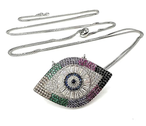 SIFRIMANIA Lucky Charm Necklace Evil Eye Pendant Adjustable Length and Vibrant Cubic Zirconia Stones for Good Luck (Silver)