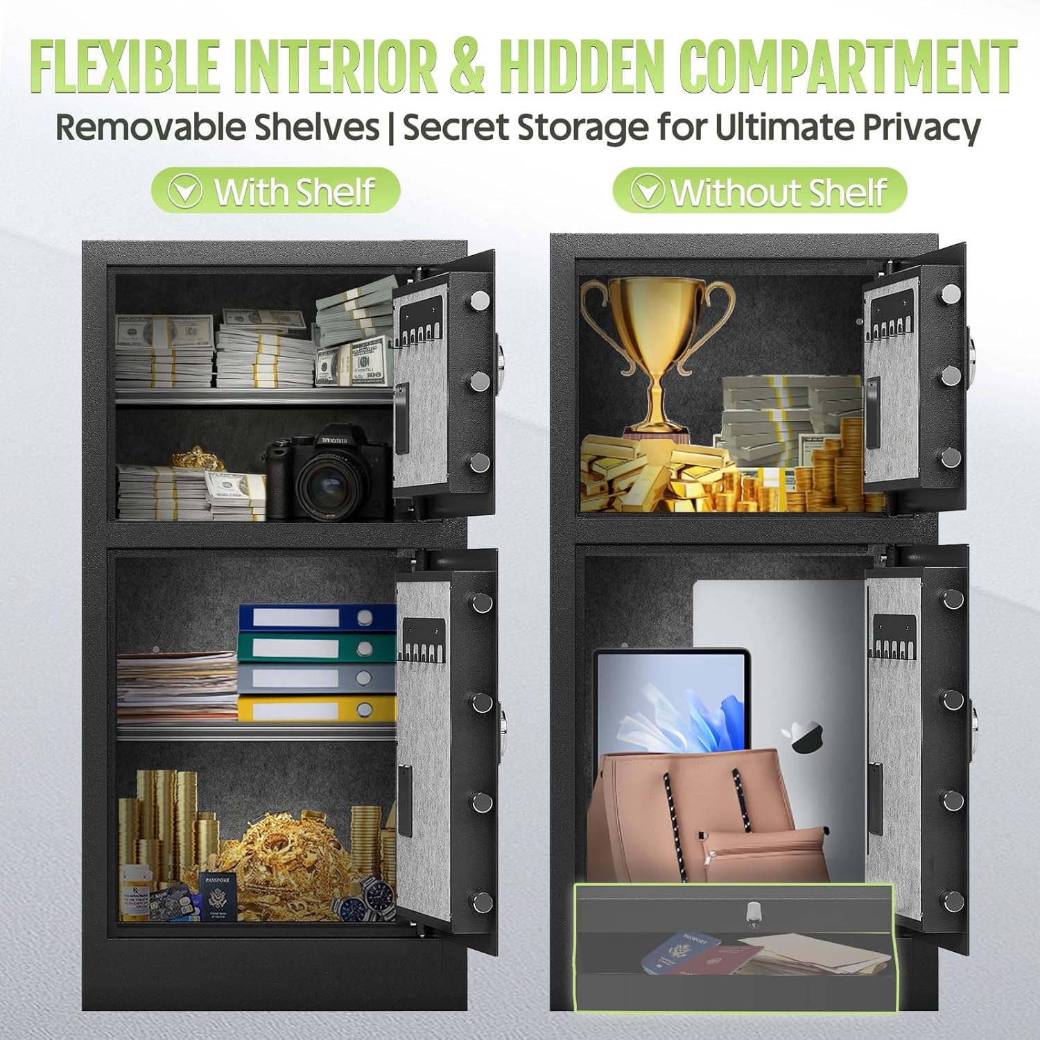 8.6 Cuft Heavy Duty Dual Door Safe Box with Hidden Lock Box,Fireproof Waterproof Bag,Removable Shelves,Silent,Fireproof safe for Home, Office, Hotel (8.6 Cuft Double Door Safe)