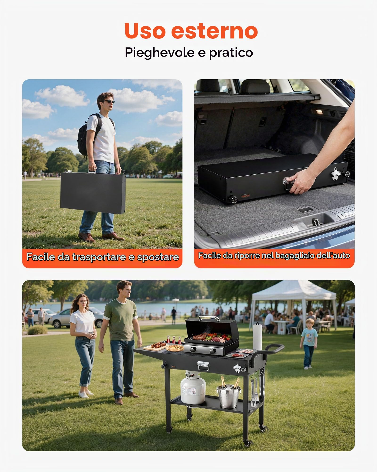 VEVOR Carrello per Griglia da Esterno Tavolo da Griglia da 787 x 432 mm Pieghevole per Esterni con Porta Fazzoletti, Ganci, Ruote, Tavolino Laterale, Tavoli per la Preparazione del Barbecue