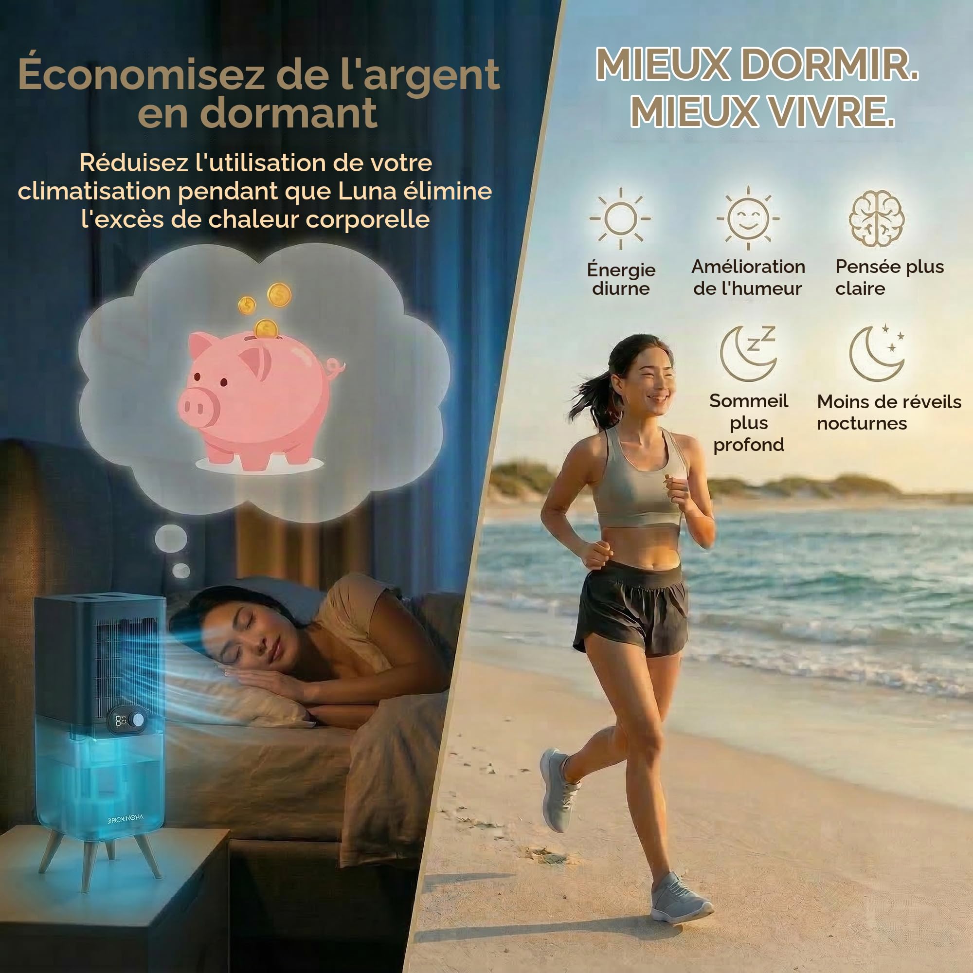 Refroidisseur Luna pour Matelas à Eau - Silencieux et Compact | Confort Réversible Double Face, Circulation Liquide Réfrigérée, Endormissement Profond, sans Abonnement ni Frais Cachés -Gris