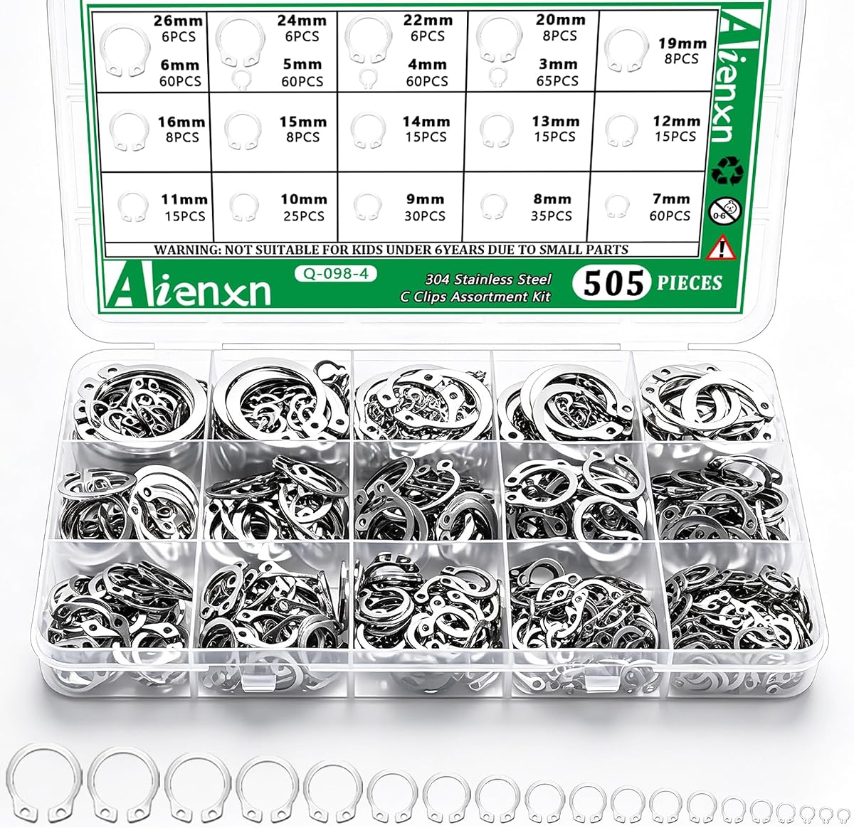 505PCS C Clips Assortment Kit (M3-M26), 19 Sizes External Retaining Rings, 304 Stainless Steel Snap Ring Kit